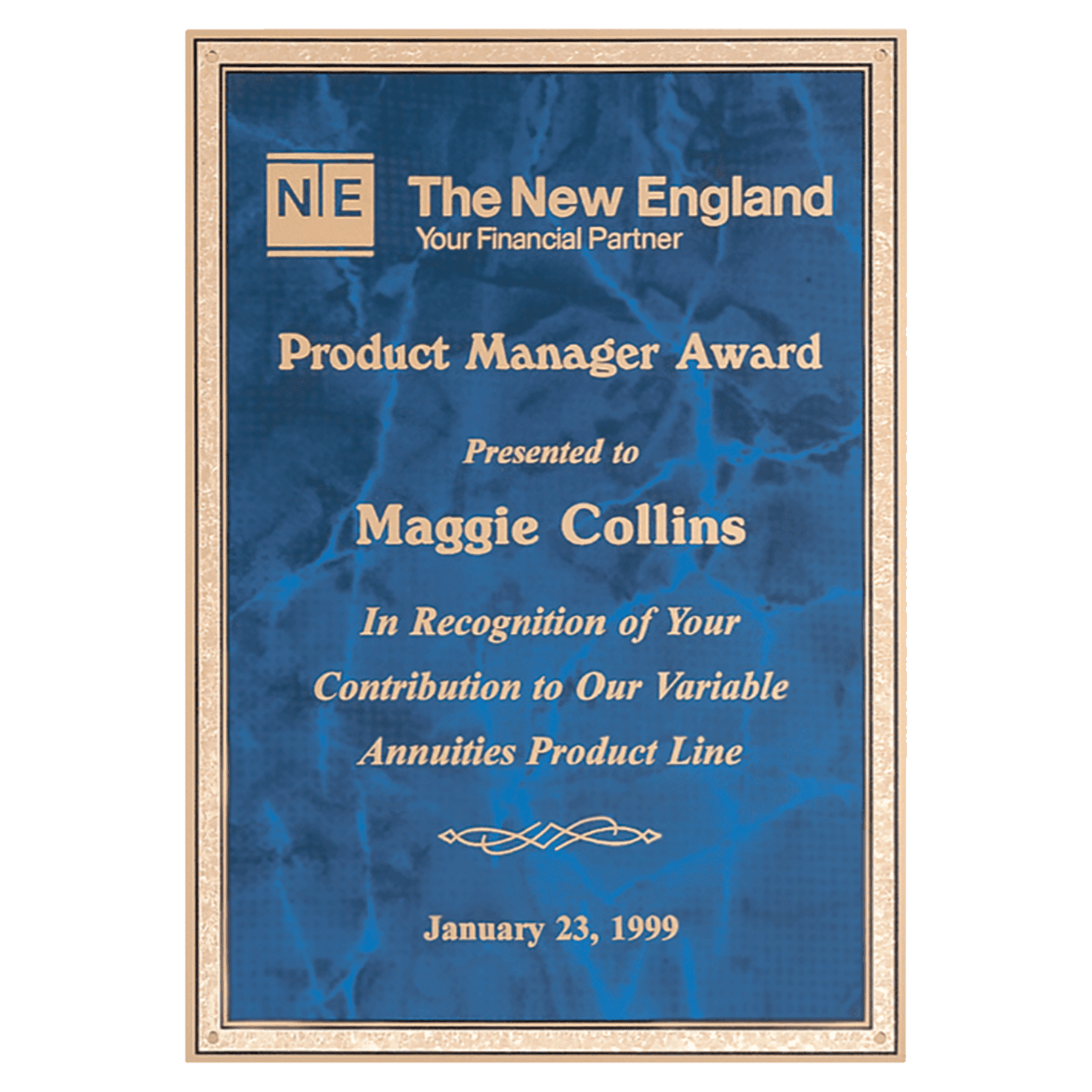 7" x 10" Sapphire Marble Brass Plated Steel Plate with Gold Florentine Border and Four Holes