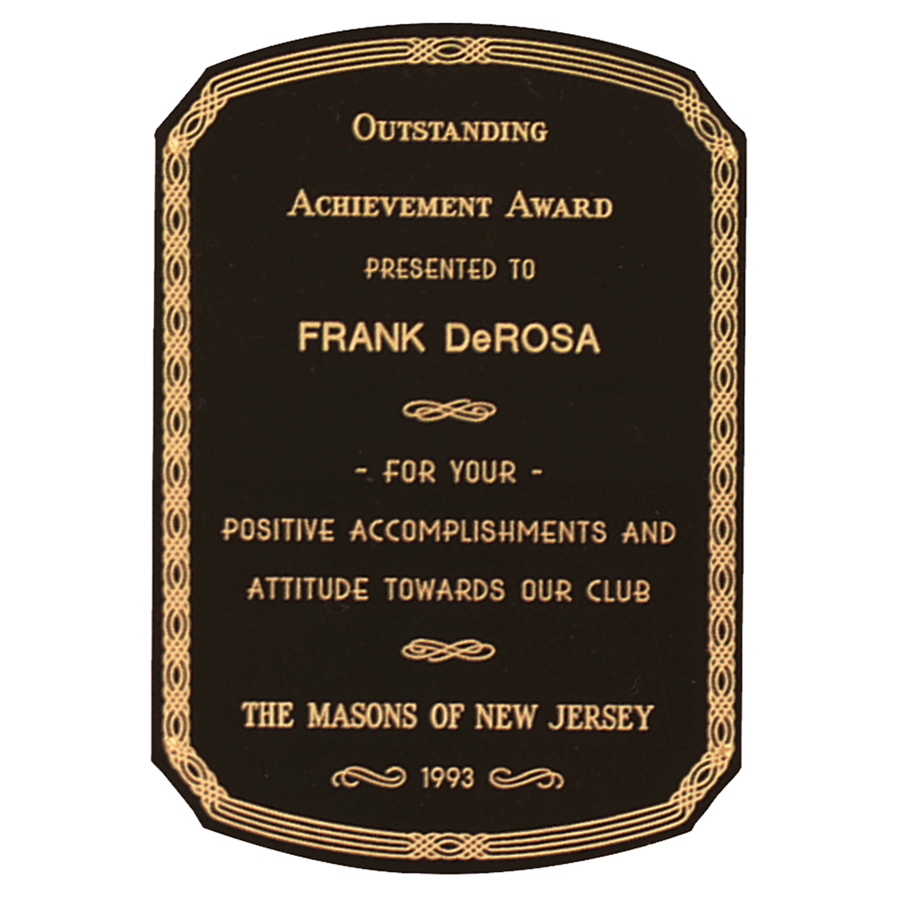 6" x 8 1/2" Black Laserable Brass Notched Corner Plate with Rounded Top and Bottom, Gold Design Border and Four Holes