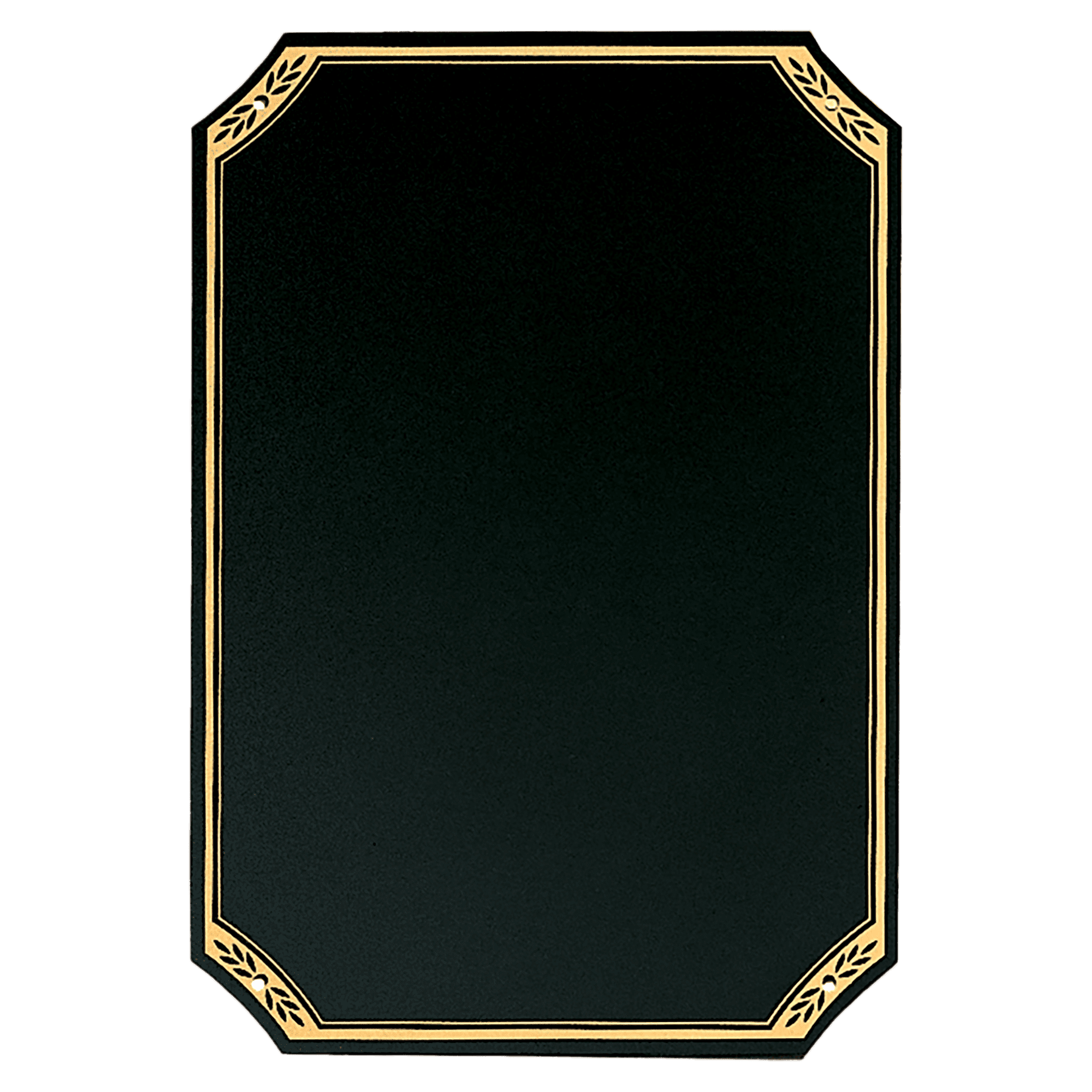 6" x  8 1/2" Black Brass Plate with Notched Corners, Gold Leaf Design Florentine Border and Four Holes