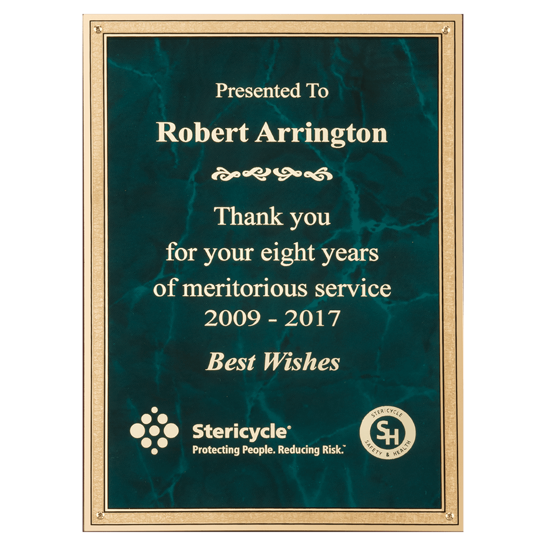 6" x 8" Emerald Marble Brass Plated Steel Plate with 4 Holes and Gold Florentine Border