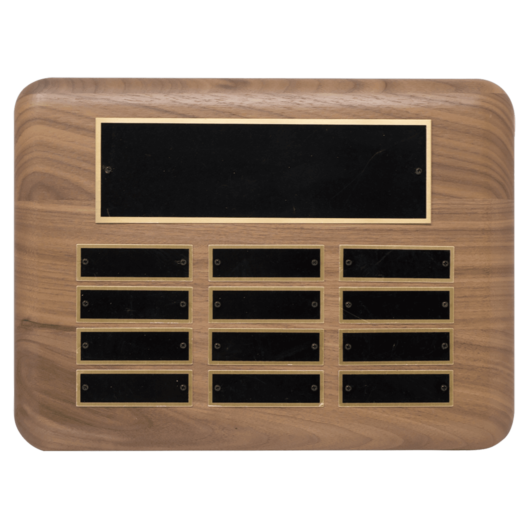 9" x 12"/Plates 7/8" x 2 3/4" American Walnut 12 Plate Perpetual Plaque with Black Brass Plated Steel Plates