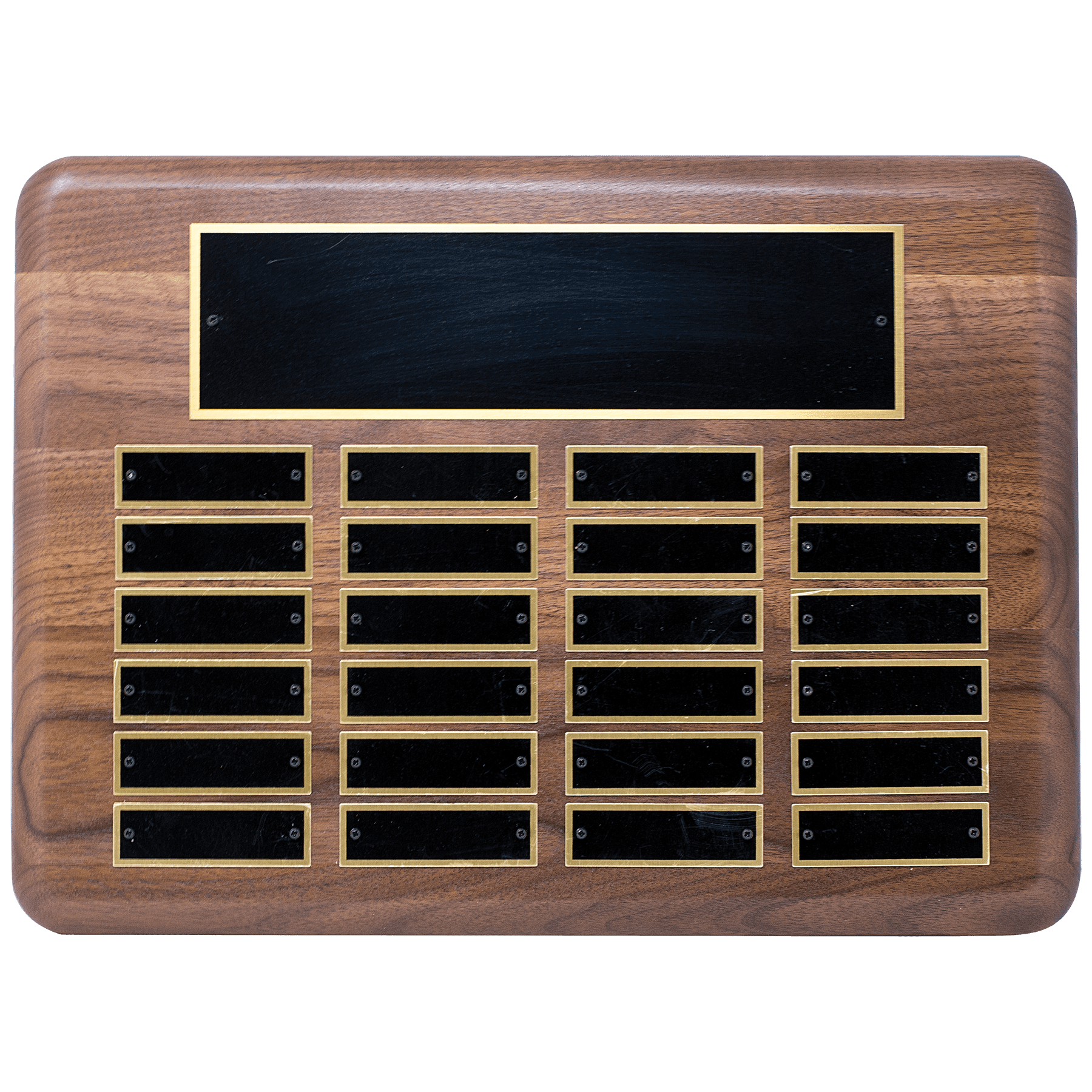 11" x 15" American Walnut 24 Plate Perpetual Plaque with Black Brass Plated Steel Plates