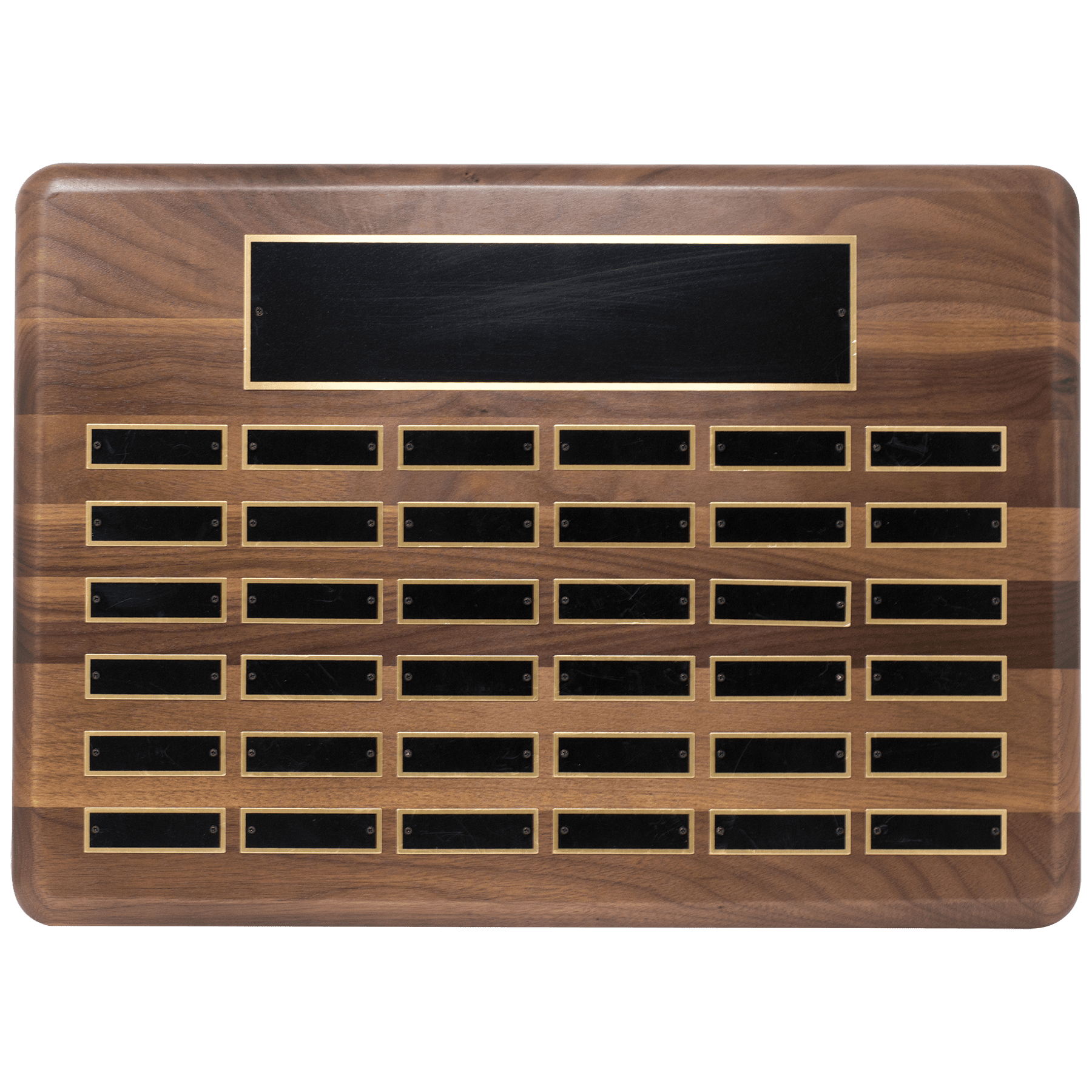 15" x 21"/Plates 7/8" x 2 3/4" American Walnut 36 Plate Perpetual Plaque with Black Brass Plated Steel Plates