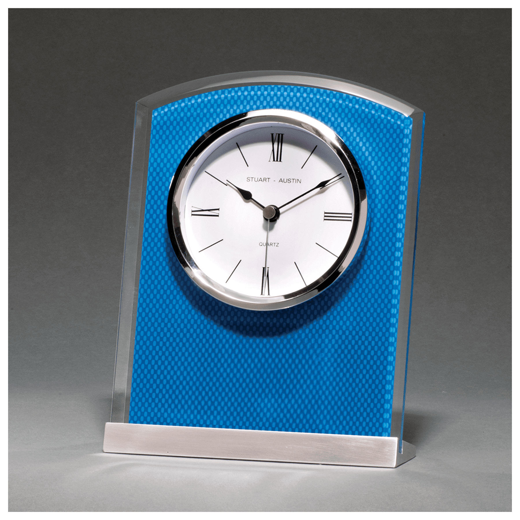 5" x 6 1/2" Glass Clock with Blue Carbon Fiber Design on Aluminum Base-Plate Not Included