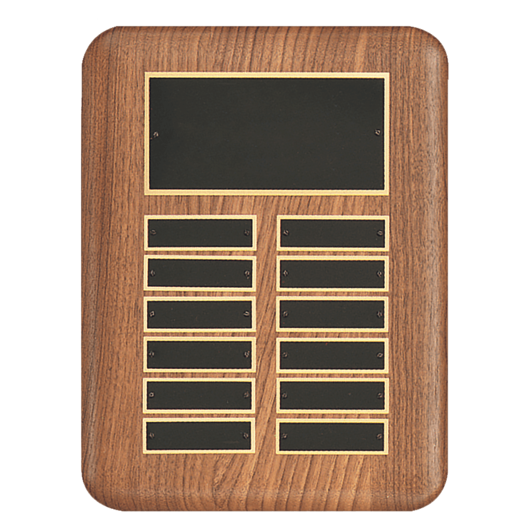 9" x 12" /Plates 7/8" x 2 3/4" American Walnut 12 Plate Perpetual Plaque with Black Brass Header Plate