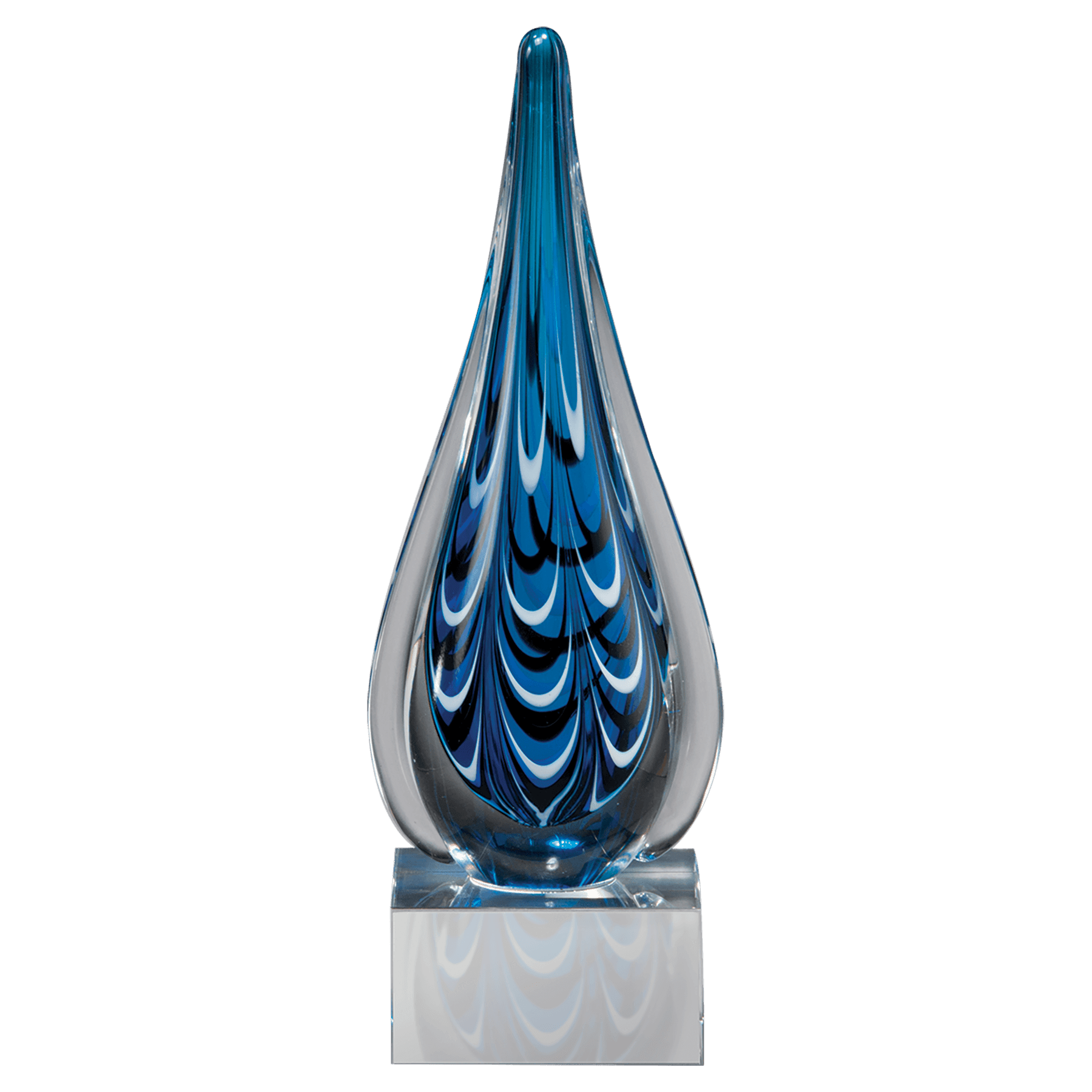 10" Blue and Black Teardrop Art Glass on Clear Glass Base-No Plate