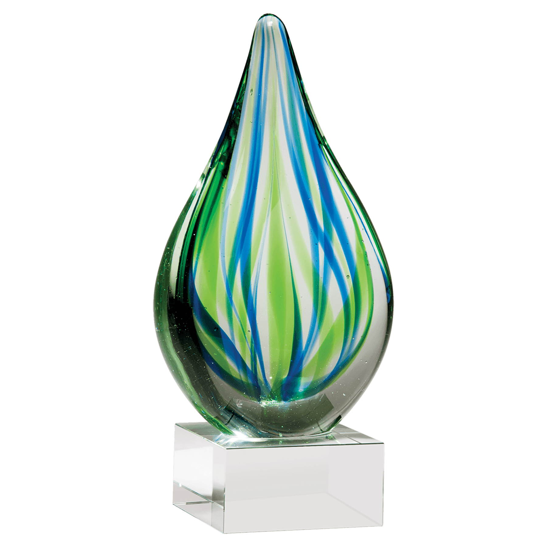 8" Blue and Green Teardrop Art Glass on Clear Glass Base-No Plate