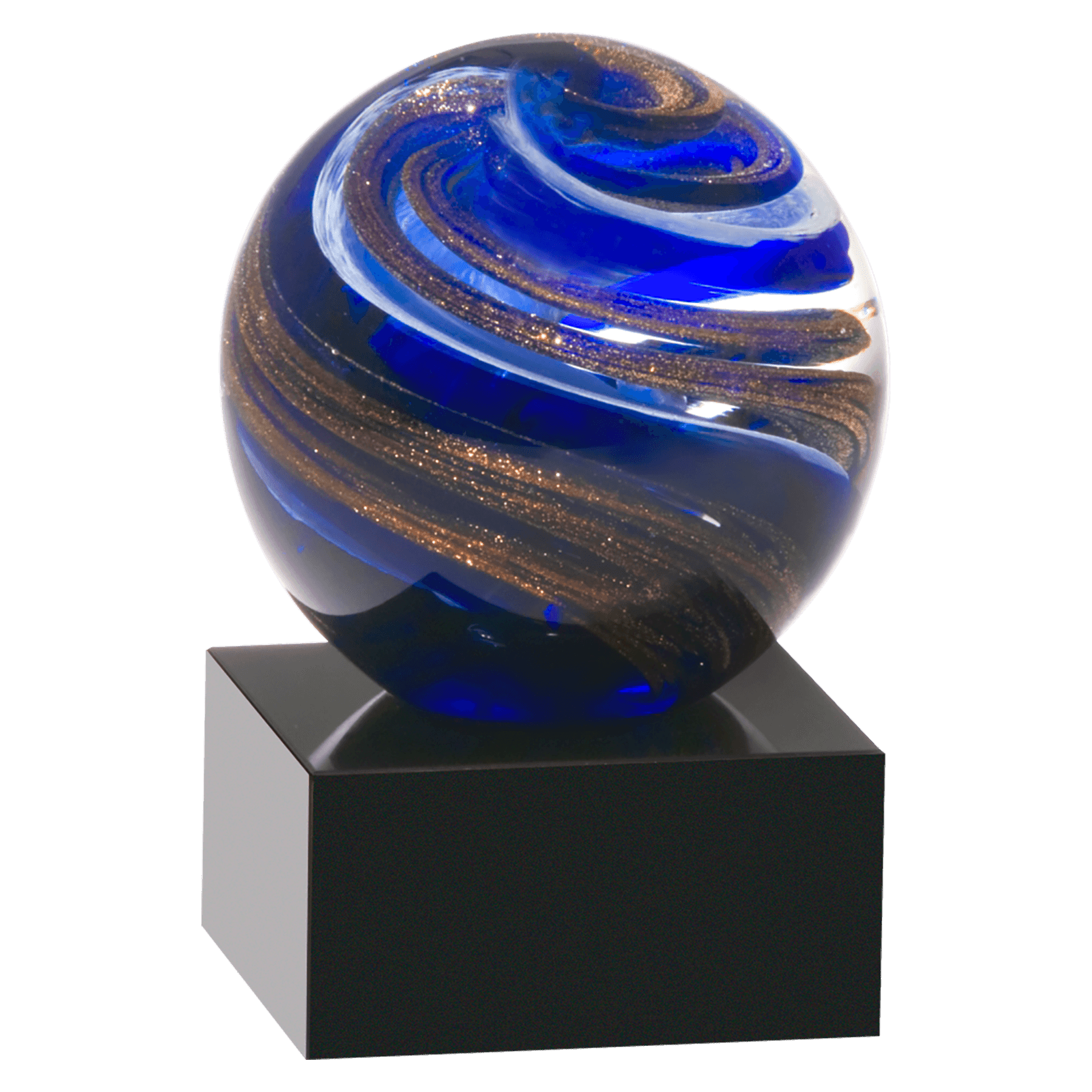 5" Globe w/Blue, White and Gold Metallic on Black Glass Base with Black Laser Aluminum Plate