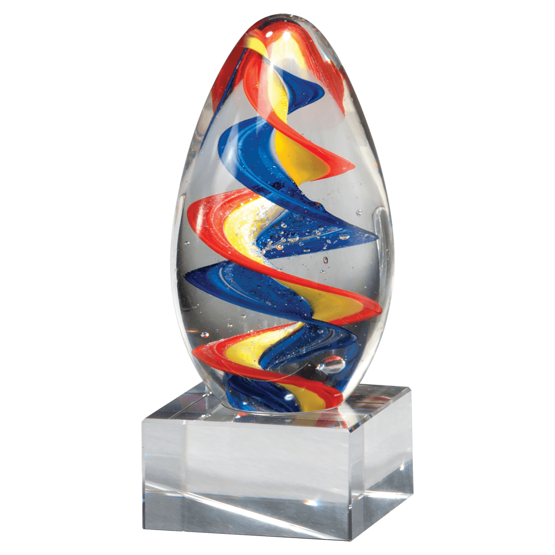 6" Colorful Egg Shaped Art Glass on Clear Glass Base-No Plate              luminum Plate