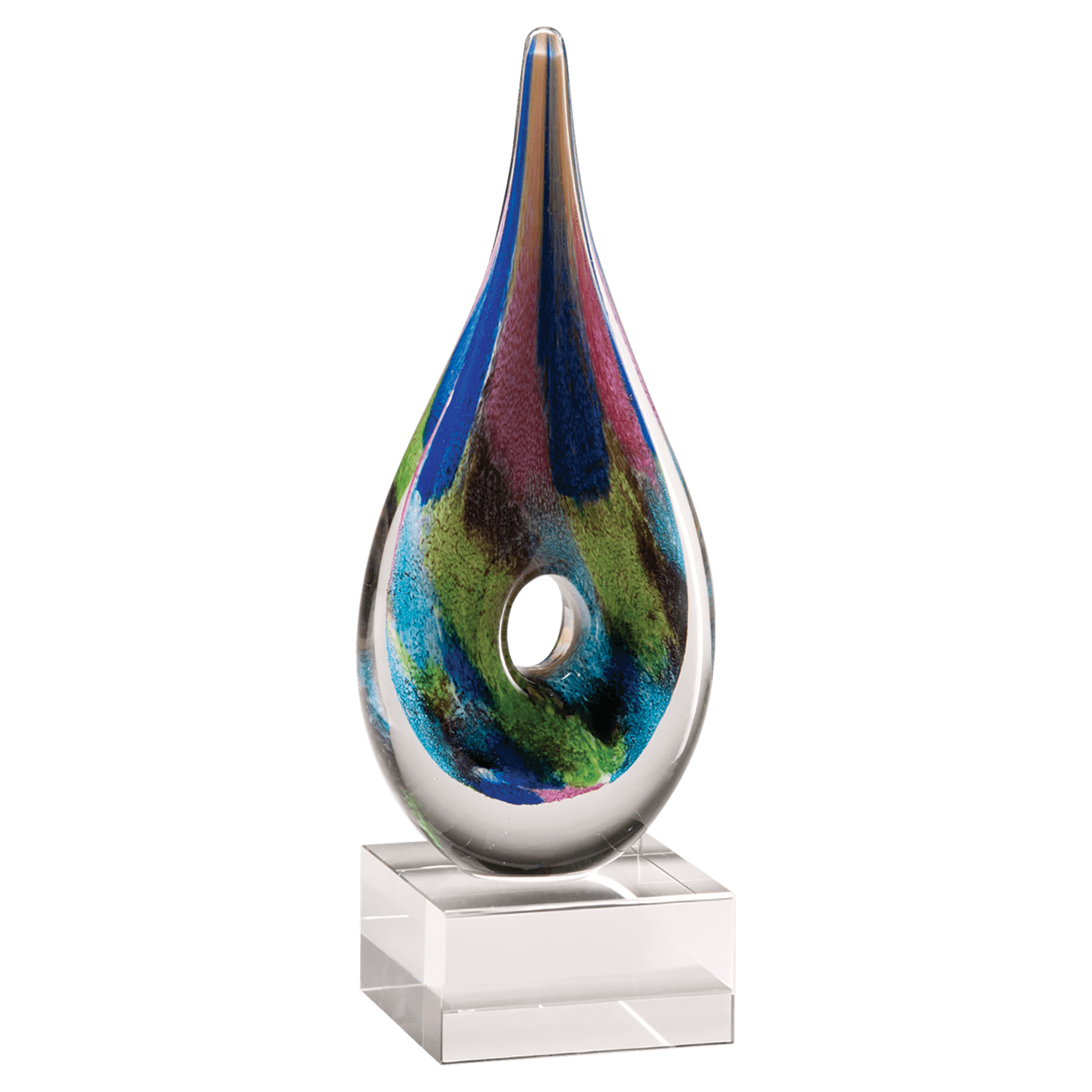 9 7/8" Multi-Colored Teardrop Art Glass on Clear Glass Base-No Plate
