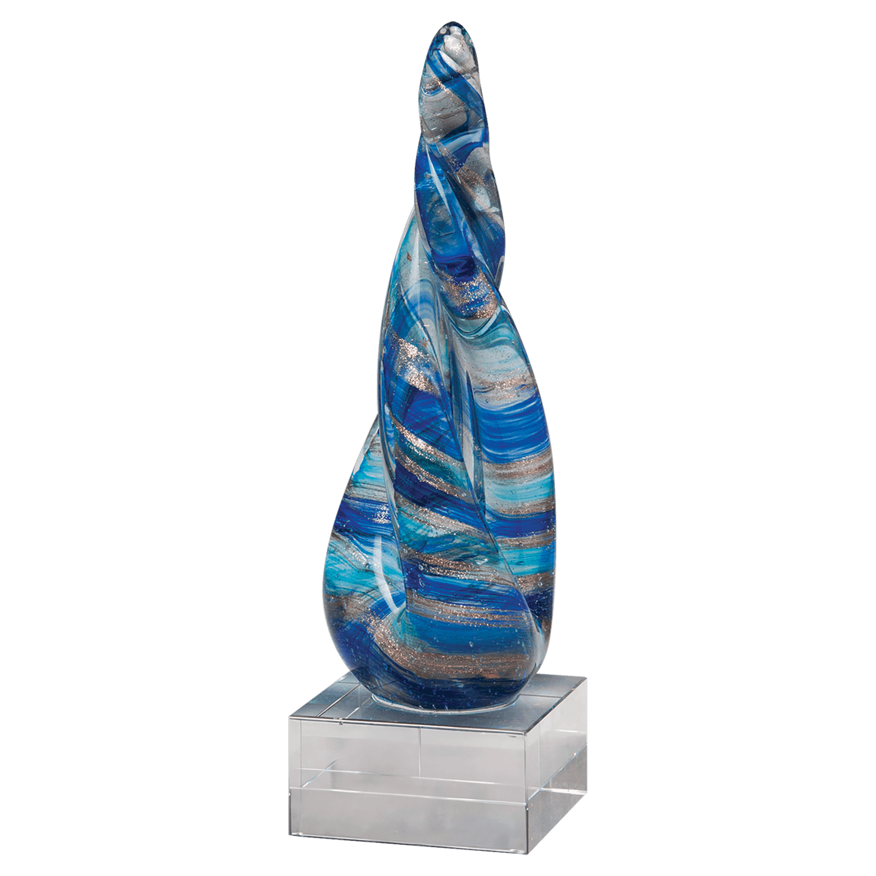 8 3/4" Twist Blue & Teal Art Glass w/Gold Metallic Accent on Clear Glass Base-No Plate