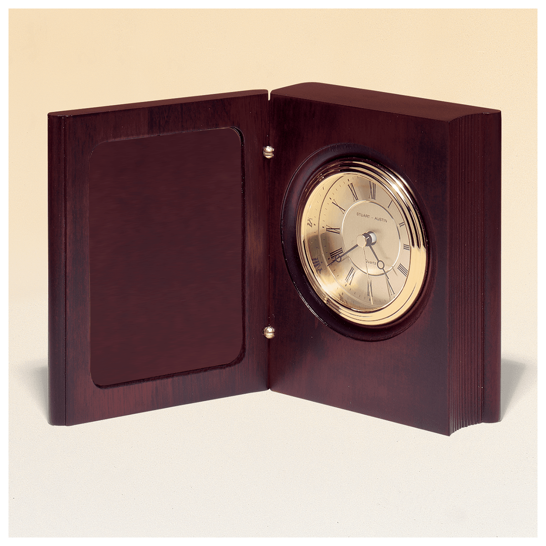 5 3/8" x 4 1/4" Hand Rubbed Mahogany Finish Book Clock w/Gold Spun Dial, 3 Hand Movement-Plate Not Included