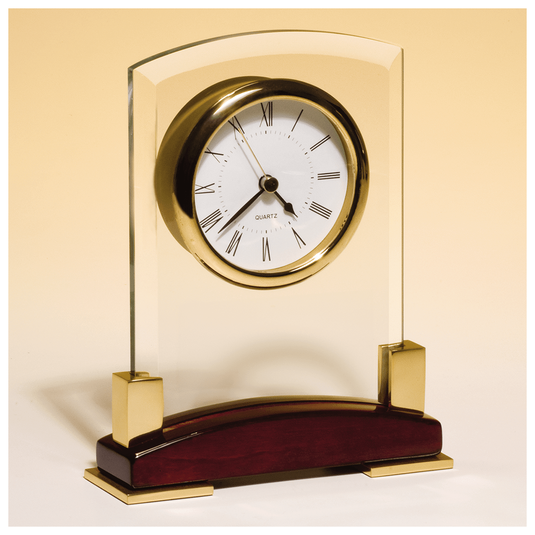 6 x 7 3/4" Beveled Glass Desk Clock, Rosewood Piano Finish Base, Gold MetalAccent-Plate Not Included