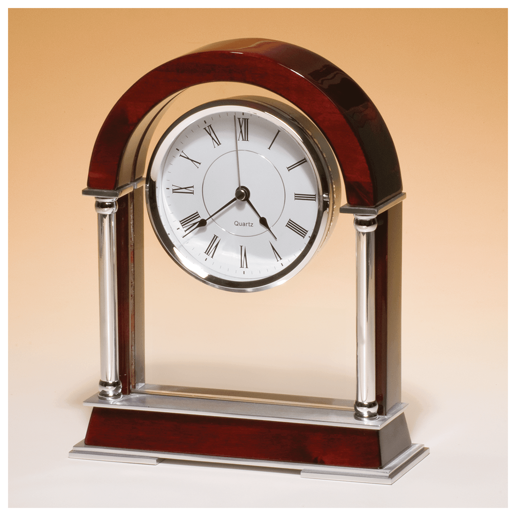 8 1/2" x 10 1/2" Rosewood Piano Finish Mantle Clock, Chrome Plated Posts, Silver Accents-Plate Not Included