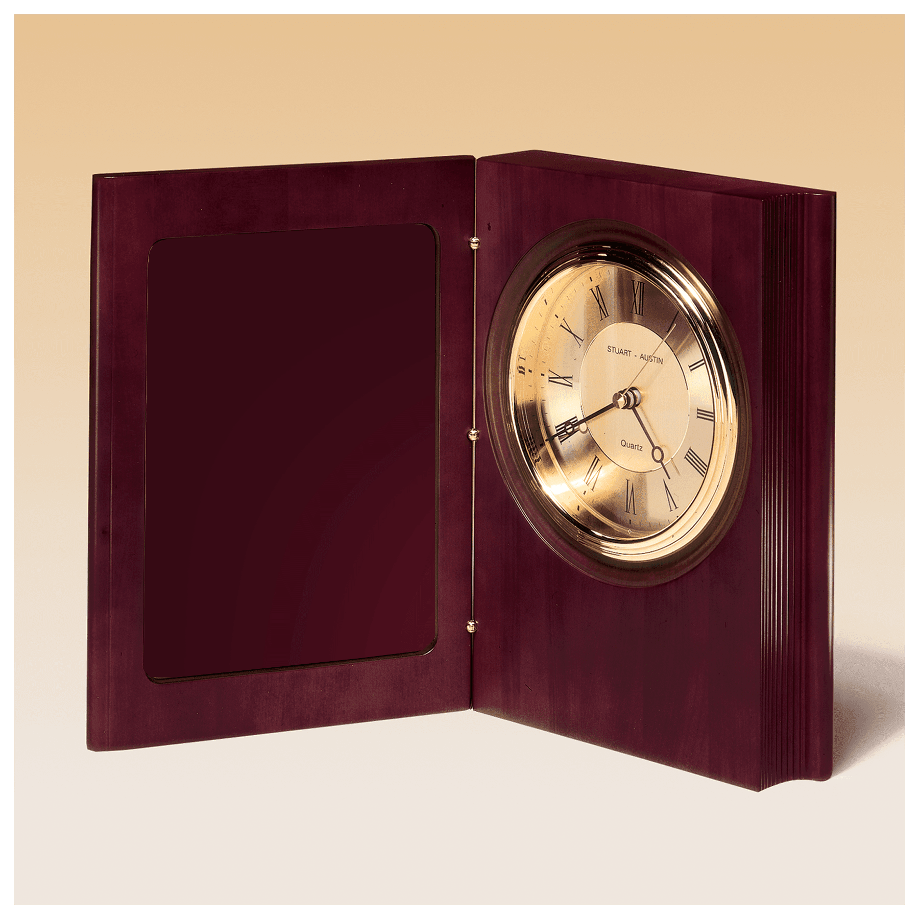 9" x 6 3/4" Hand Rubbed Mahogany Finish Book Clock, Diamond Spun Dial, 3 Hand Movement-Black Laserable Plate Not Included