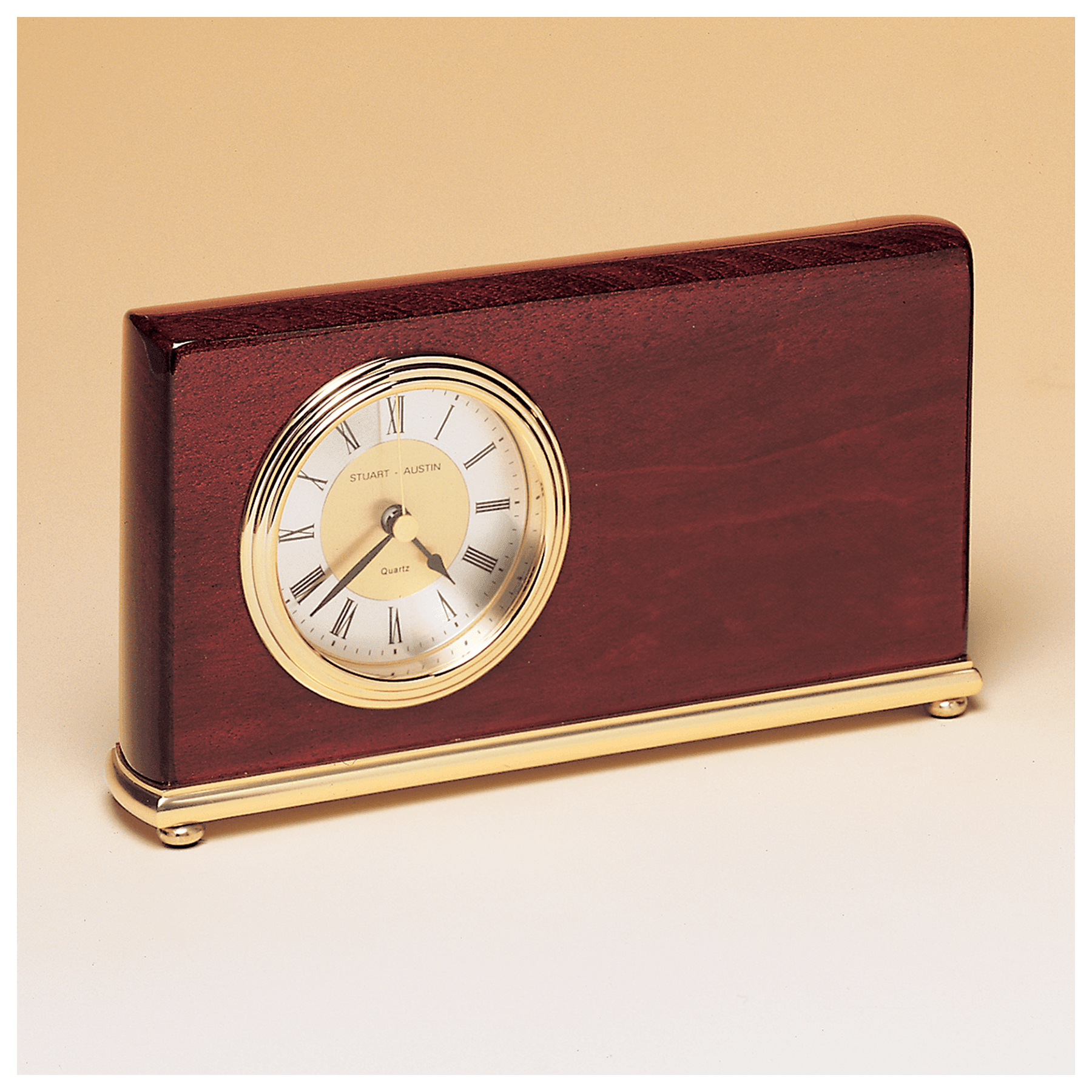 4" x 7 5/8" Rosewood Piano Finish Clock, Brass Base, Diamond Spun Dial, 3 Hand Movement-Black Laserable Plate Not Included
