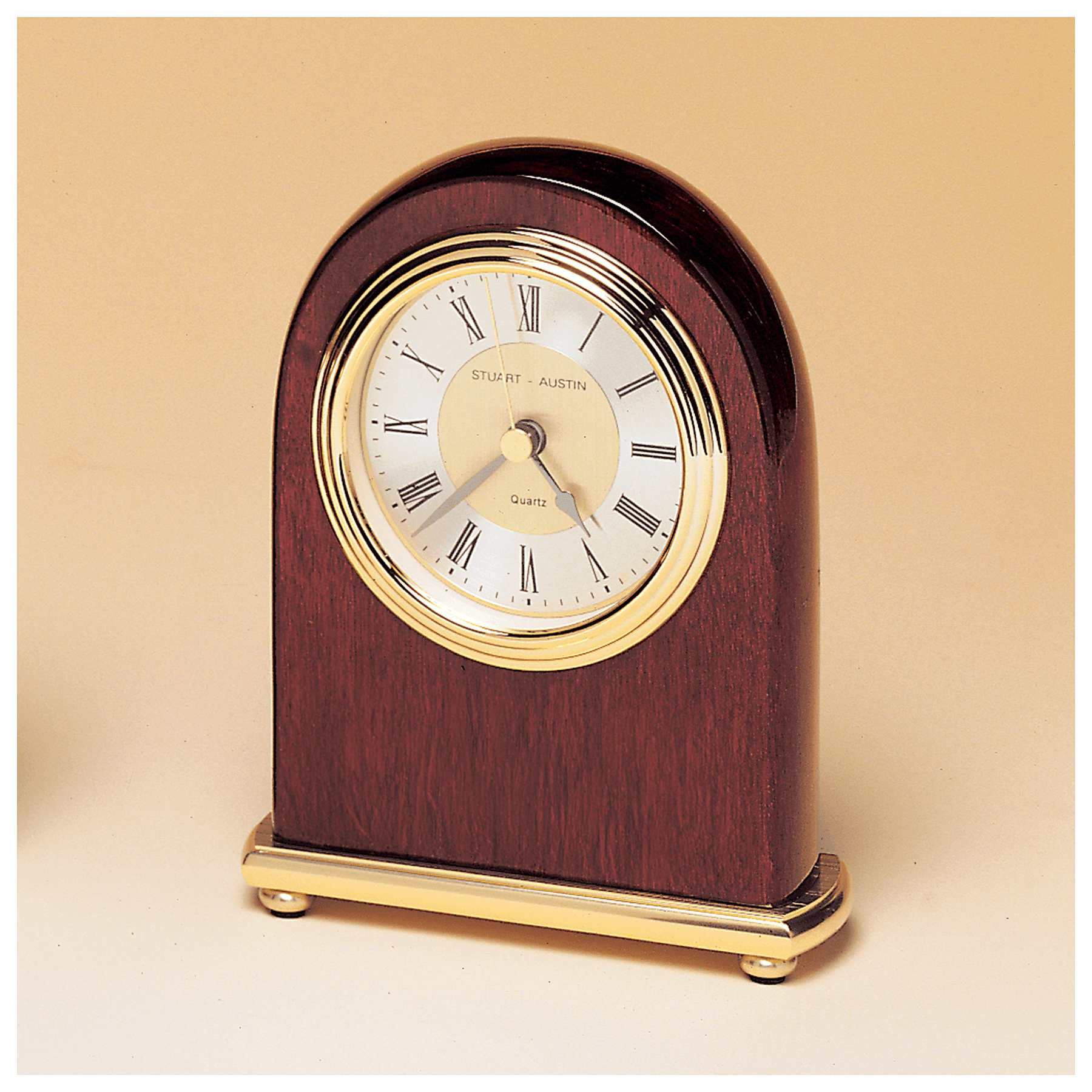 4" x 5" Rosewood Arch Piano Finish Clock, Brass Base, Diamond Spun Dial, 3 Hand Movement-Plate Not Included