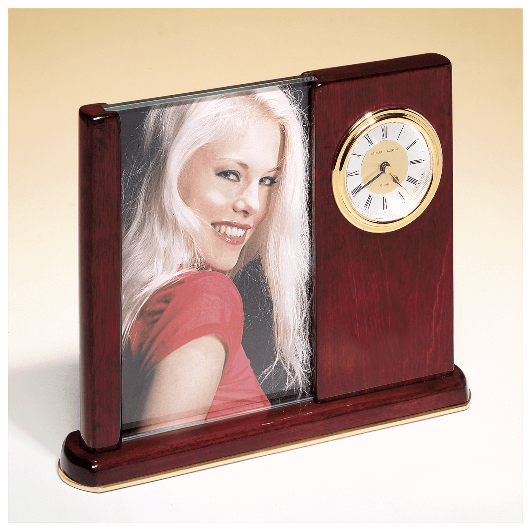 6 3/4" x 8 1/2" Rosewood Piano Finish Clock with Glass Picture Frame-Plate Not Included