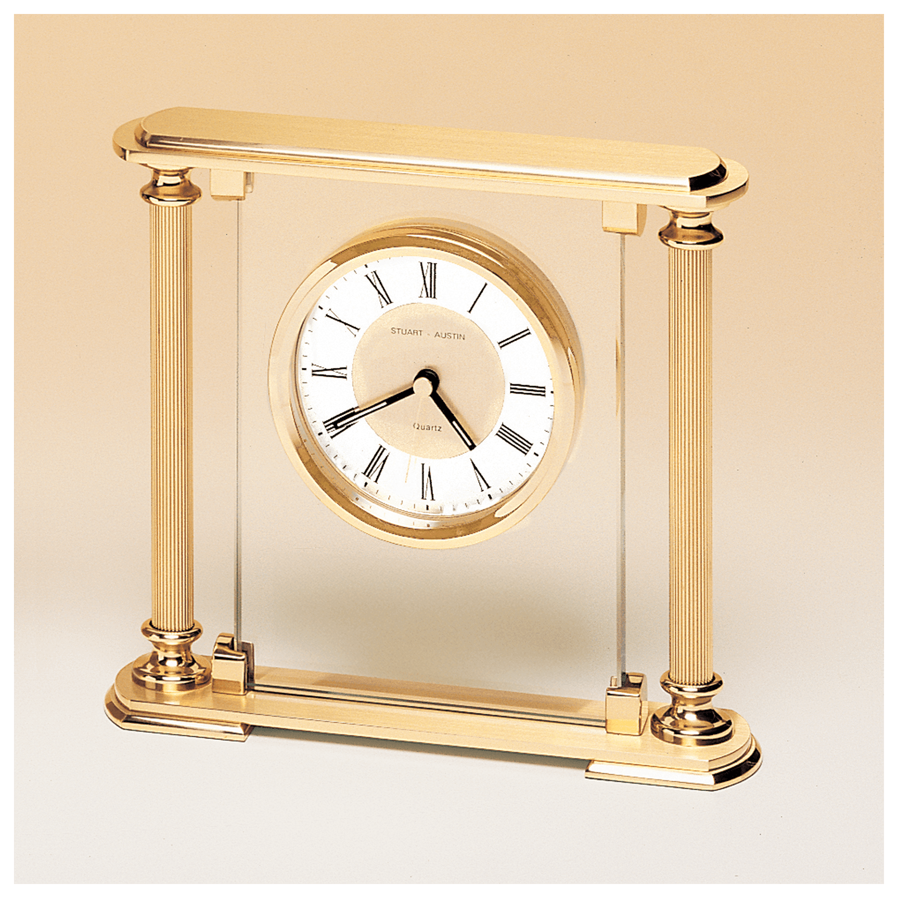 6 5/8" x 7 1/4" Glass Upright with Feet & Top, Metal Goldtone Columns, Diamond Spun Dial, 3 Hands-Plate Not Included