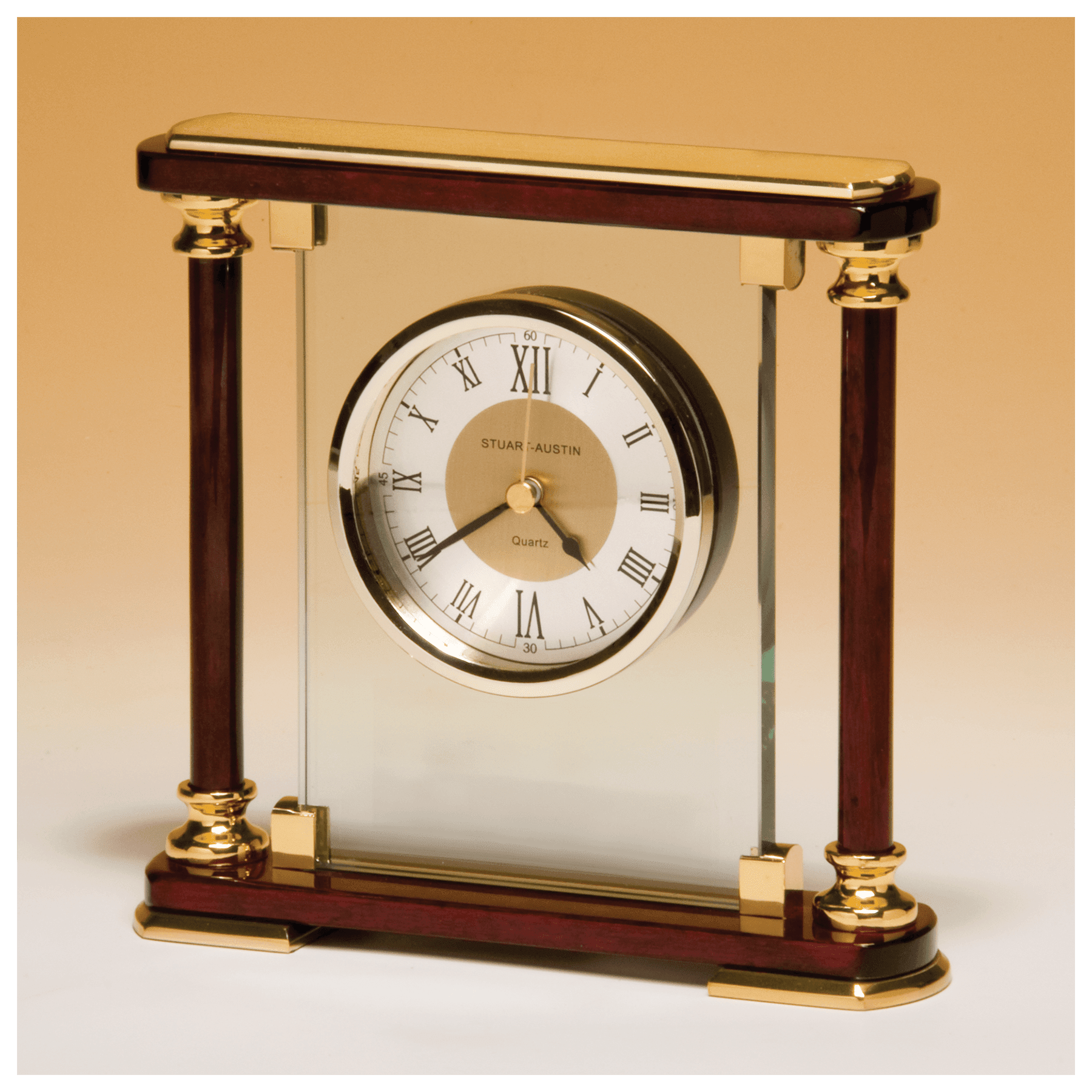 7" x 7" Glass and Rosewood Piano Finish Clock with  Gold Metal Accents-Plate Not Included