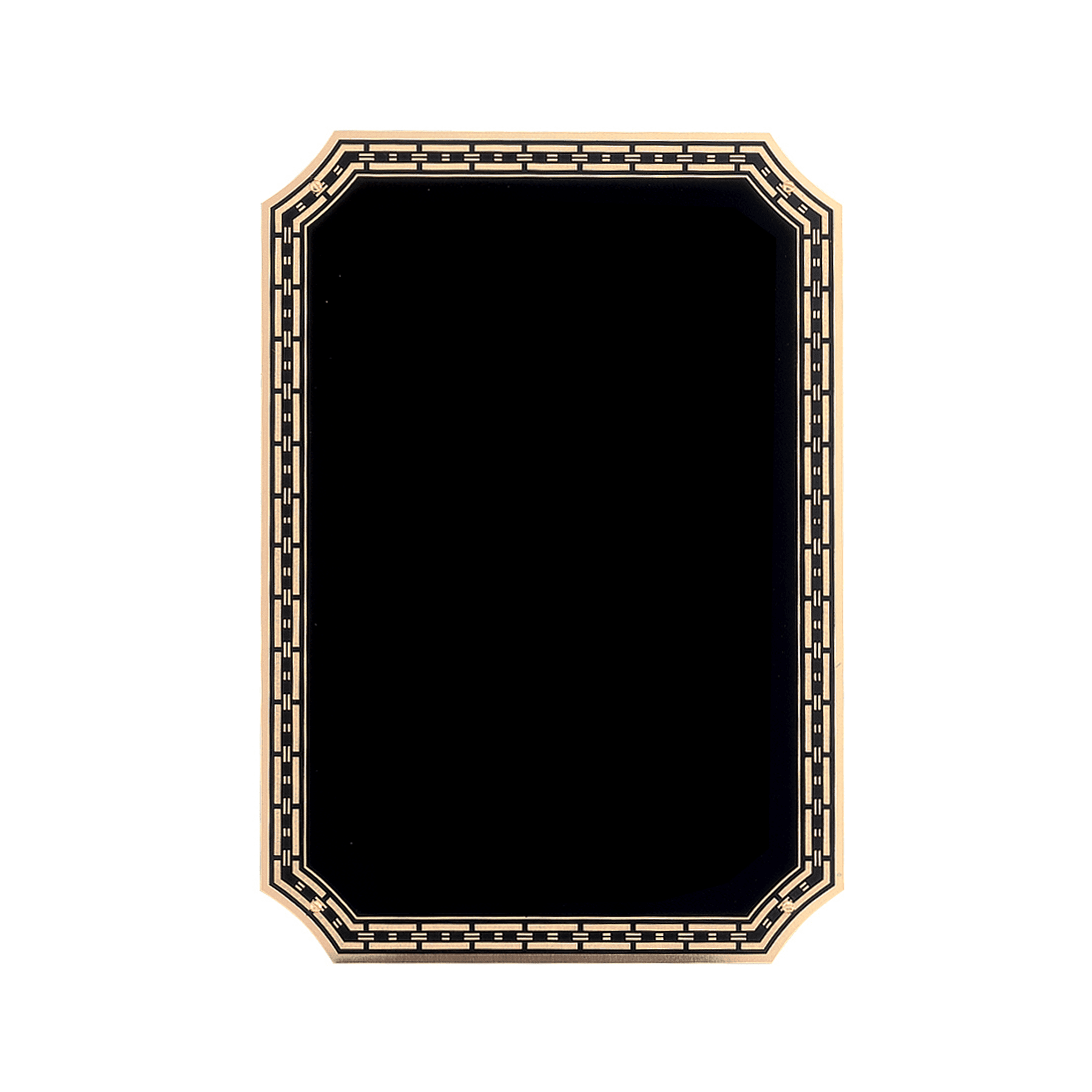 5 1/4" x 7 1/4" Black Brass Plated Steel Plate with 4 Holes, Notched Corners, and Gold Link Design Florentine Border