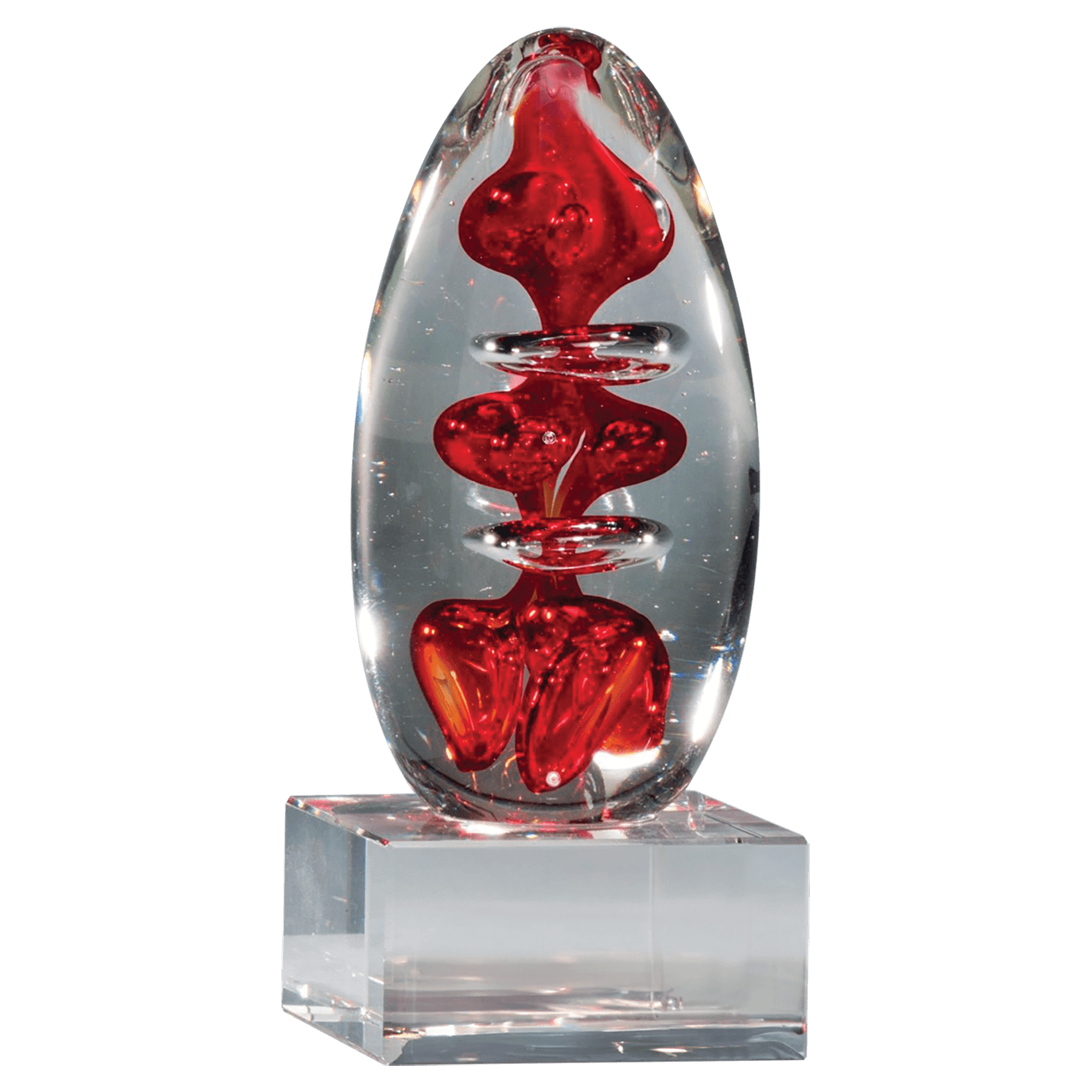 5 1/4" Red Egg Shaped Art Glass on Clear Glass Base-No Plate
