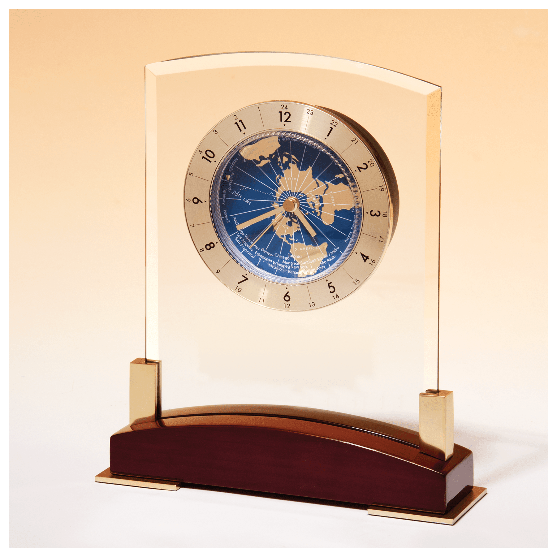 6" x 7 3/4" Glass Clock with World Time Dial on Piano Finish Base-Plate NotIncluded