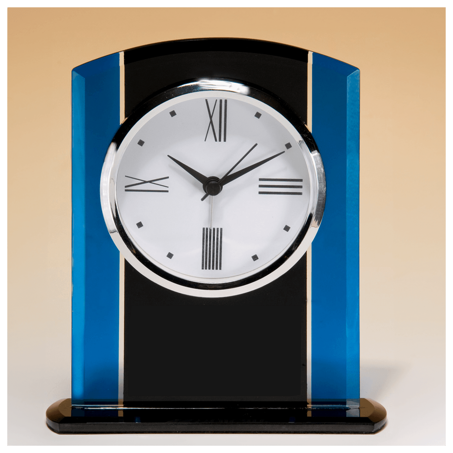 5 1/4" x 6 1/4" Black & Blue Glass Clock, Silver Bezel, Three Hand Movement-Plate Not Included