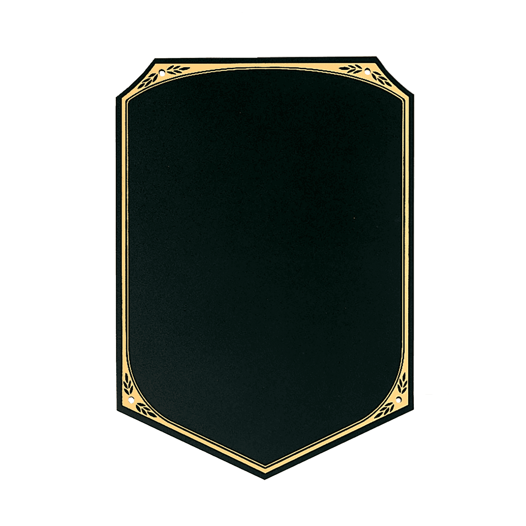 7" x  10" Black Brass Plate with Pointed Bottom, Gold Leaf Florentine Border, and Four Holes