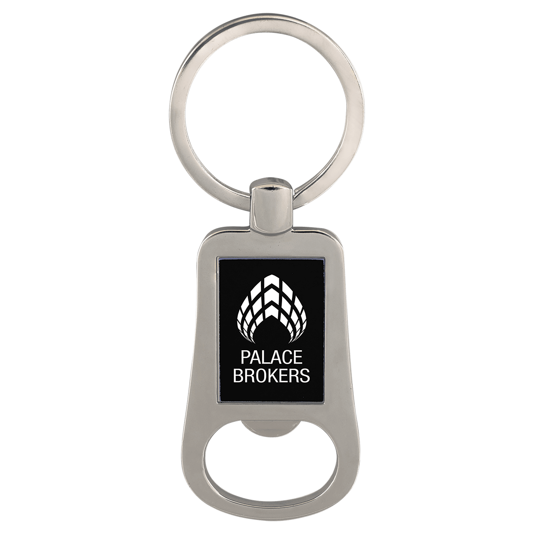 2 1/8" Silver/Black Laserable Bottle Opener Keychain