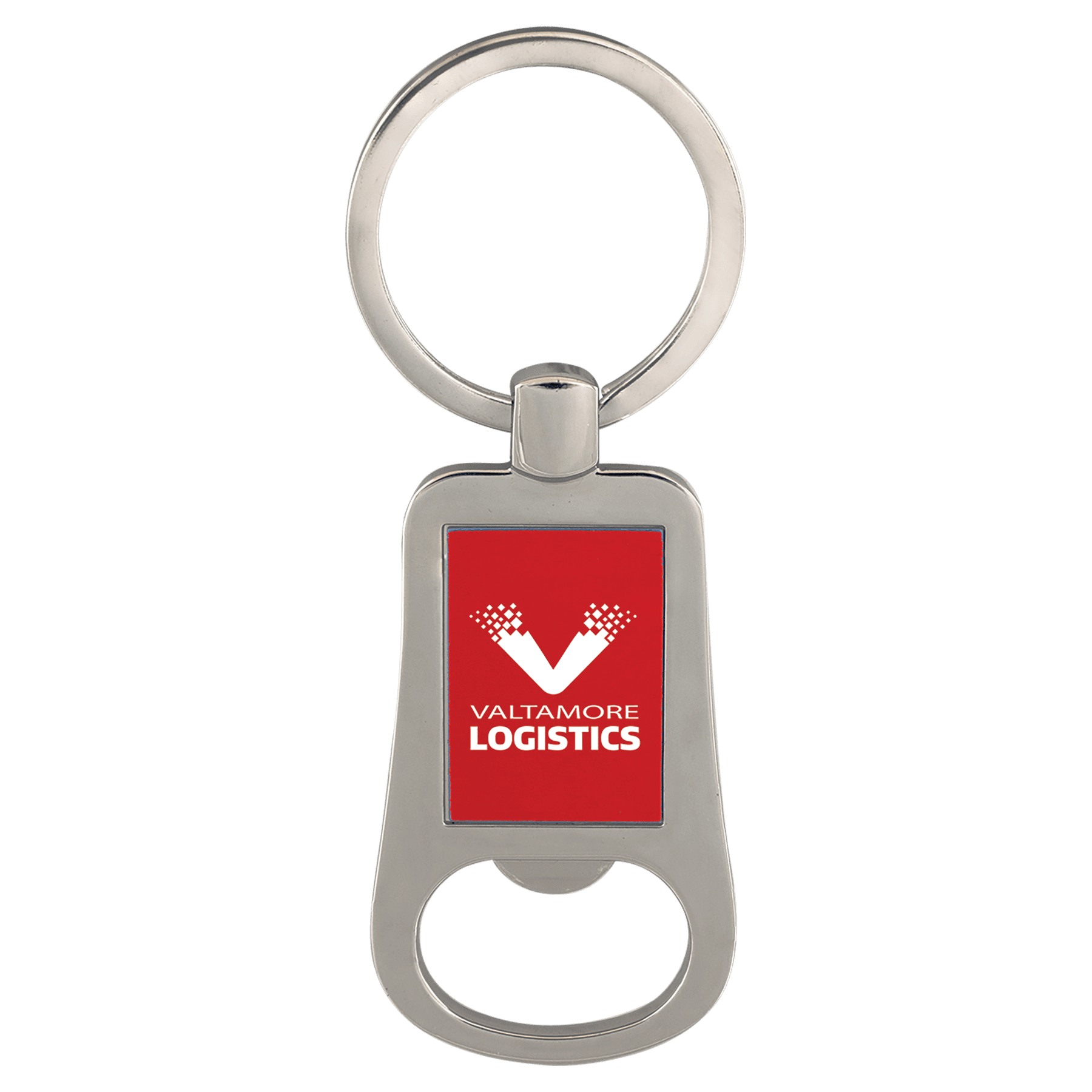 2 1/8" Silver/Red Laserable Bottle Opener Keychain