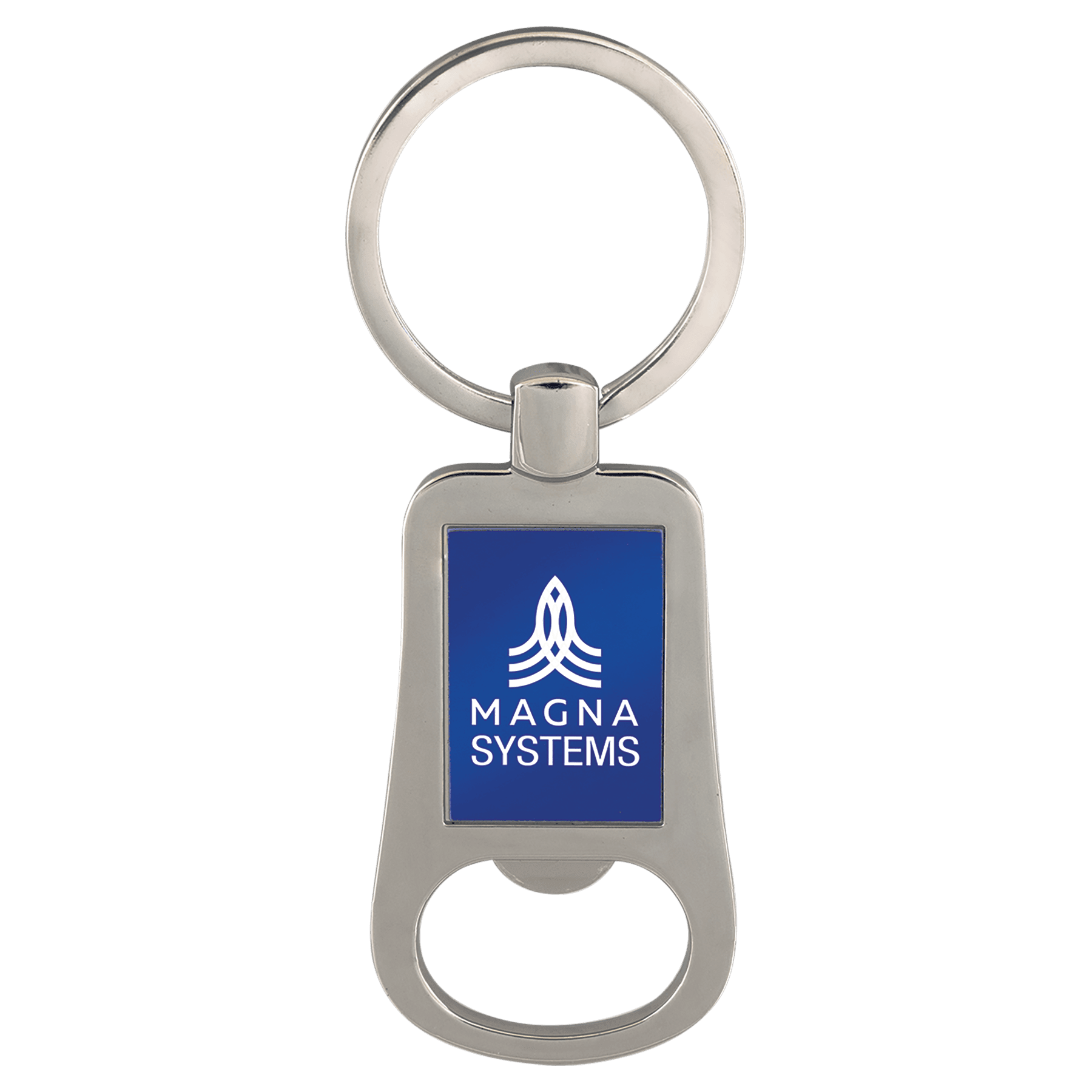 2 1/8" Silver/Blue Laserable Bottle Opener Keychain