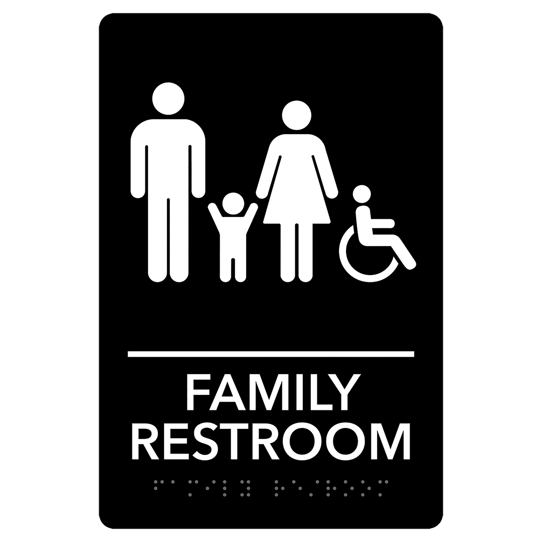 Family Accessible Restroom Pre-Designed ADA Sign, Black/White, 6" x 9"