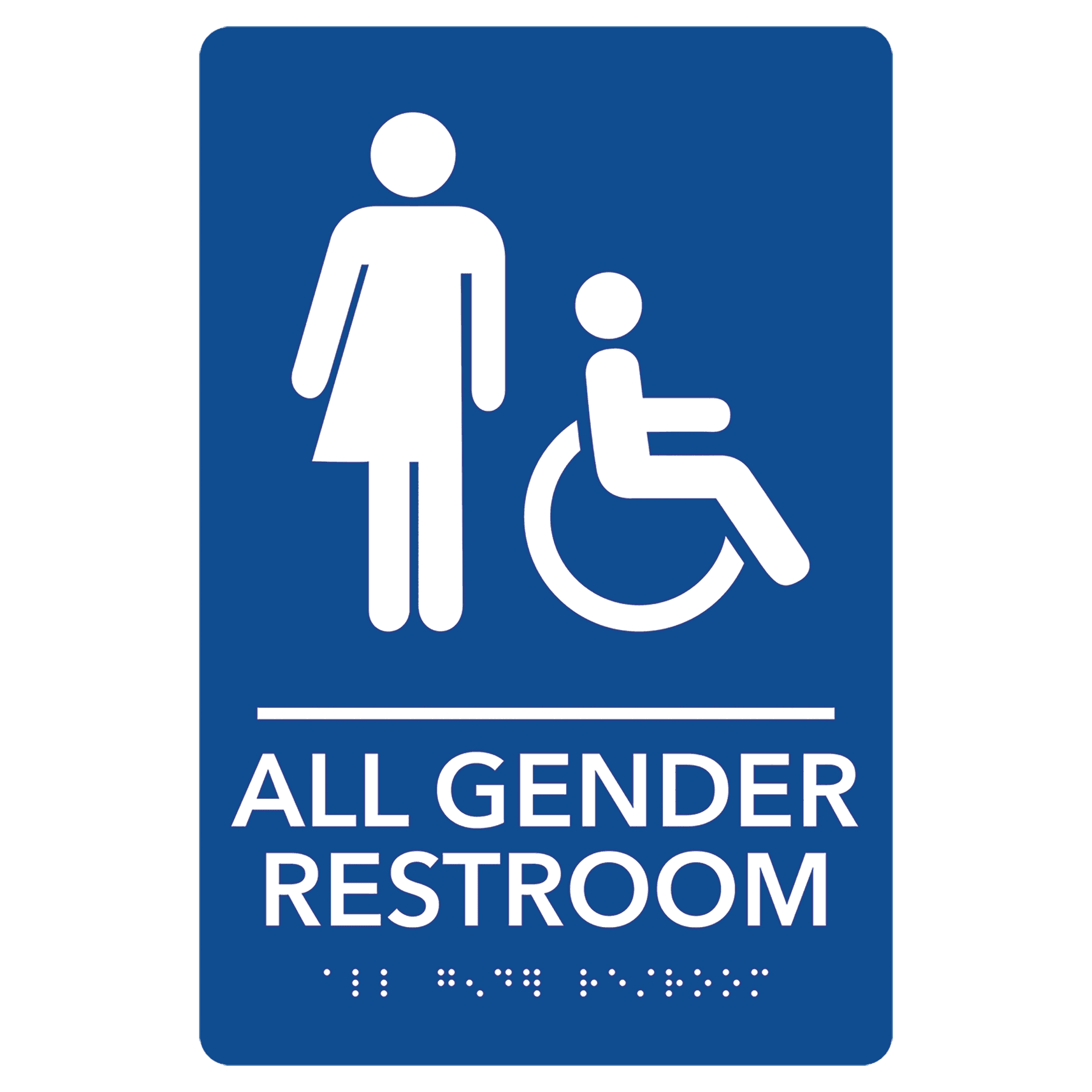 All Gender Assessible Restroom Pre-Designed ADA Sign, Blue/White, 6" x 8"