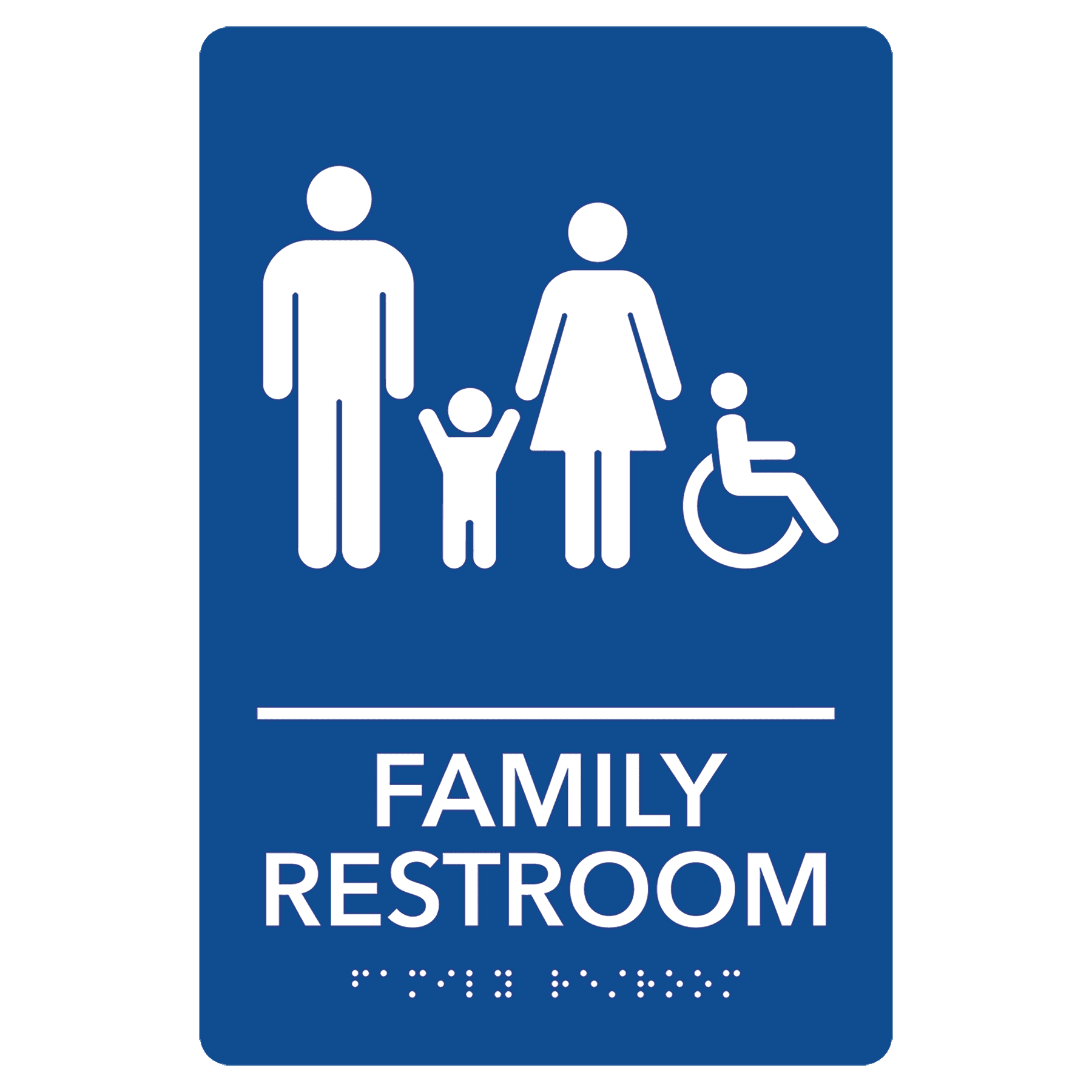 Family Accessible Restroom Pre-Designed ADA Sign, Blue/White, 6" x 9"