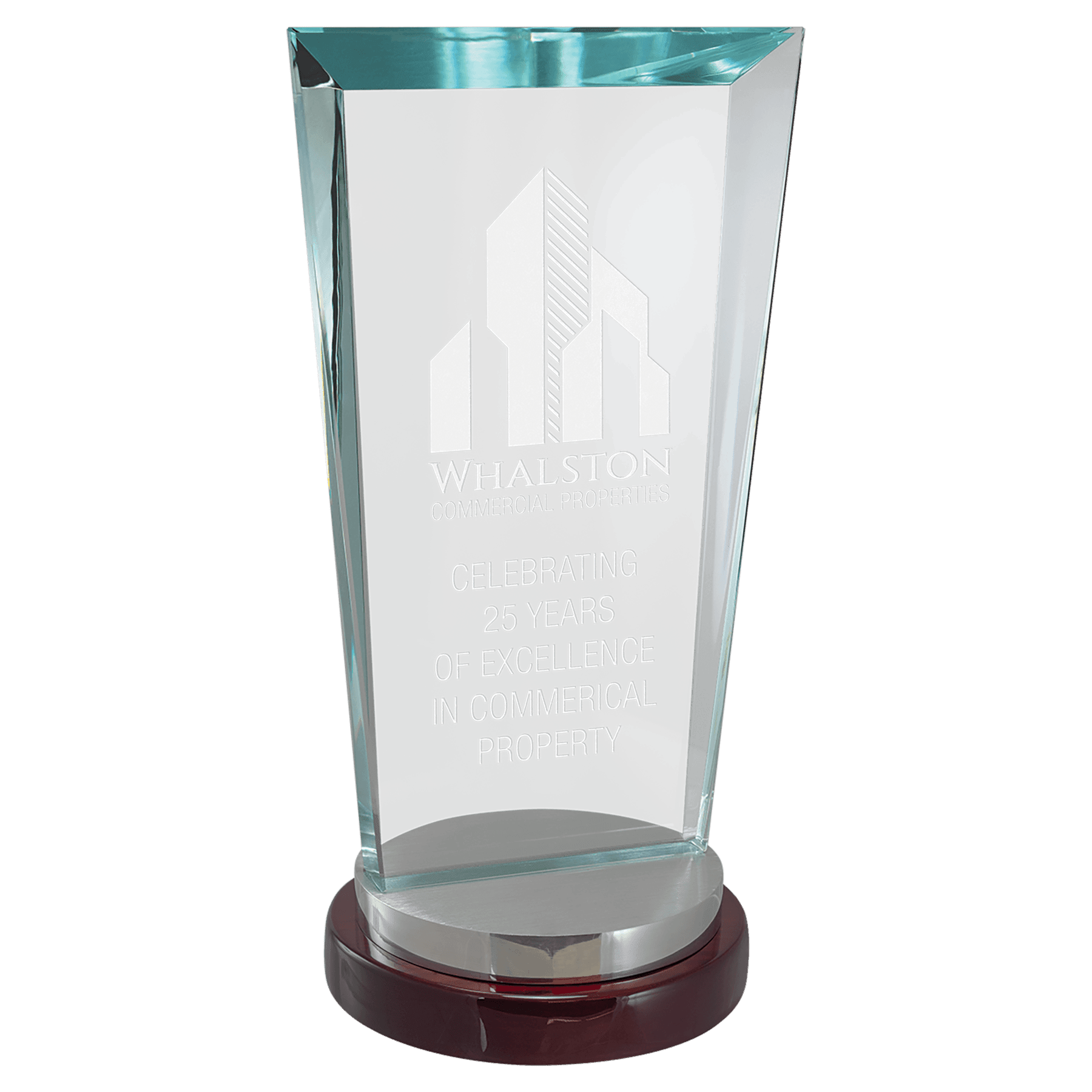 4 1/4" x 9" Premium Series Clear Glass Award with Rosewood and Aluminum    Base
