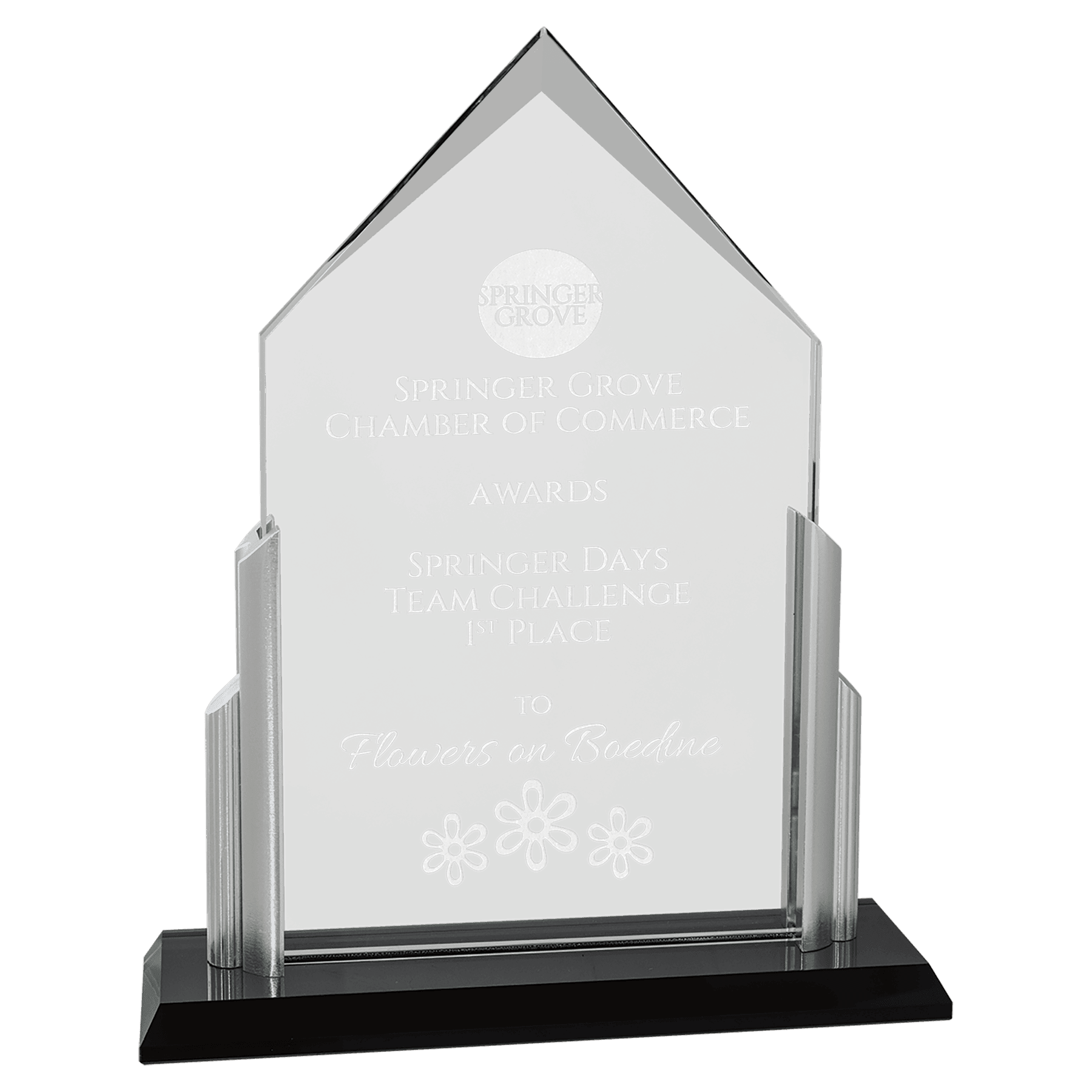 7" x 10 1/4" x 3/8" Thick Peak Series Clear Glass Top with Brushed Silver  Posts and Black Glass Base