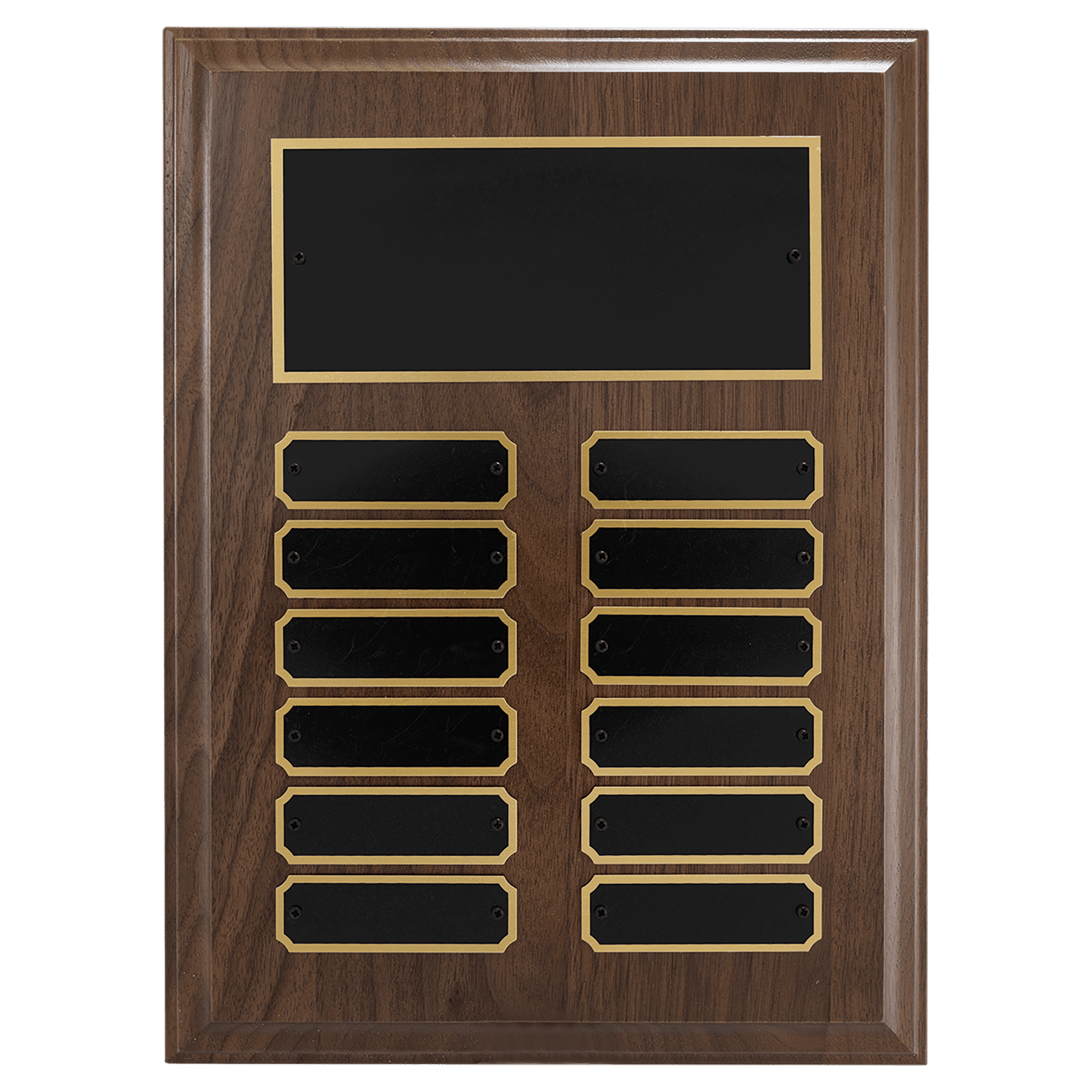 9" x 12"/Plates 7/8" x 2 3/4" Walnut Step-Edge 12 Plate Perpetual Plaque with Black Brass Plate