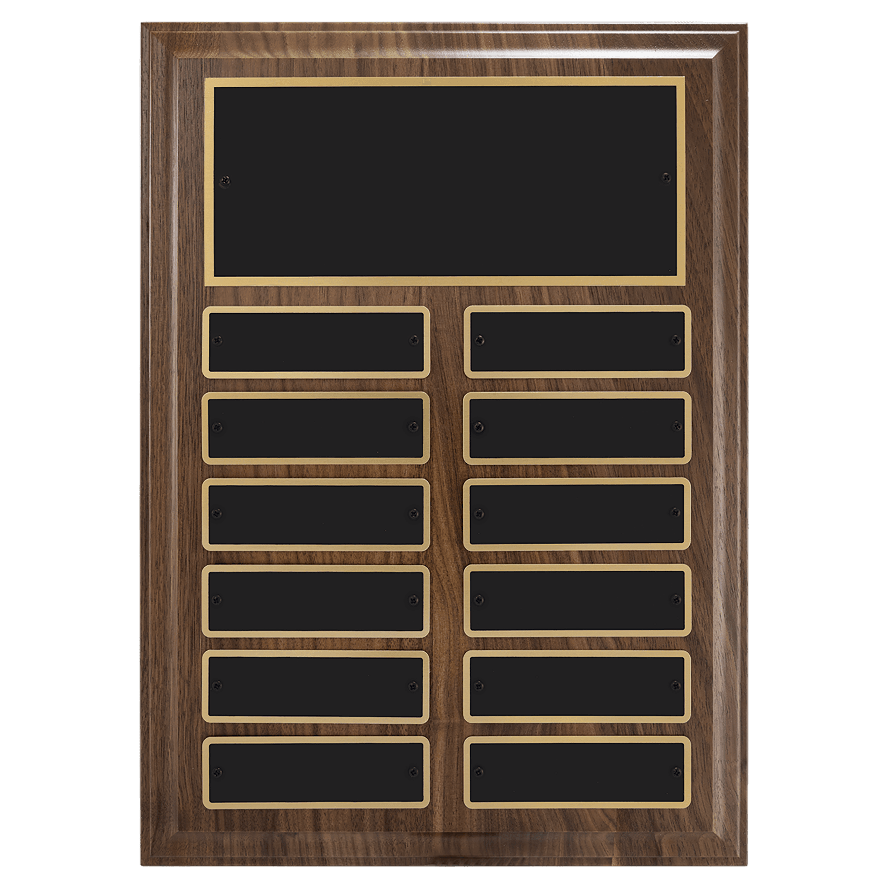9" x 12"/Plates 1" x 3 1/4" Walnut Step-Edge 12 Plate Perpetual Plaque with Black Brass Plate