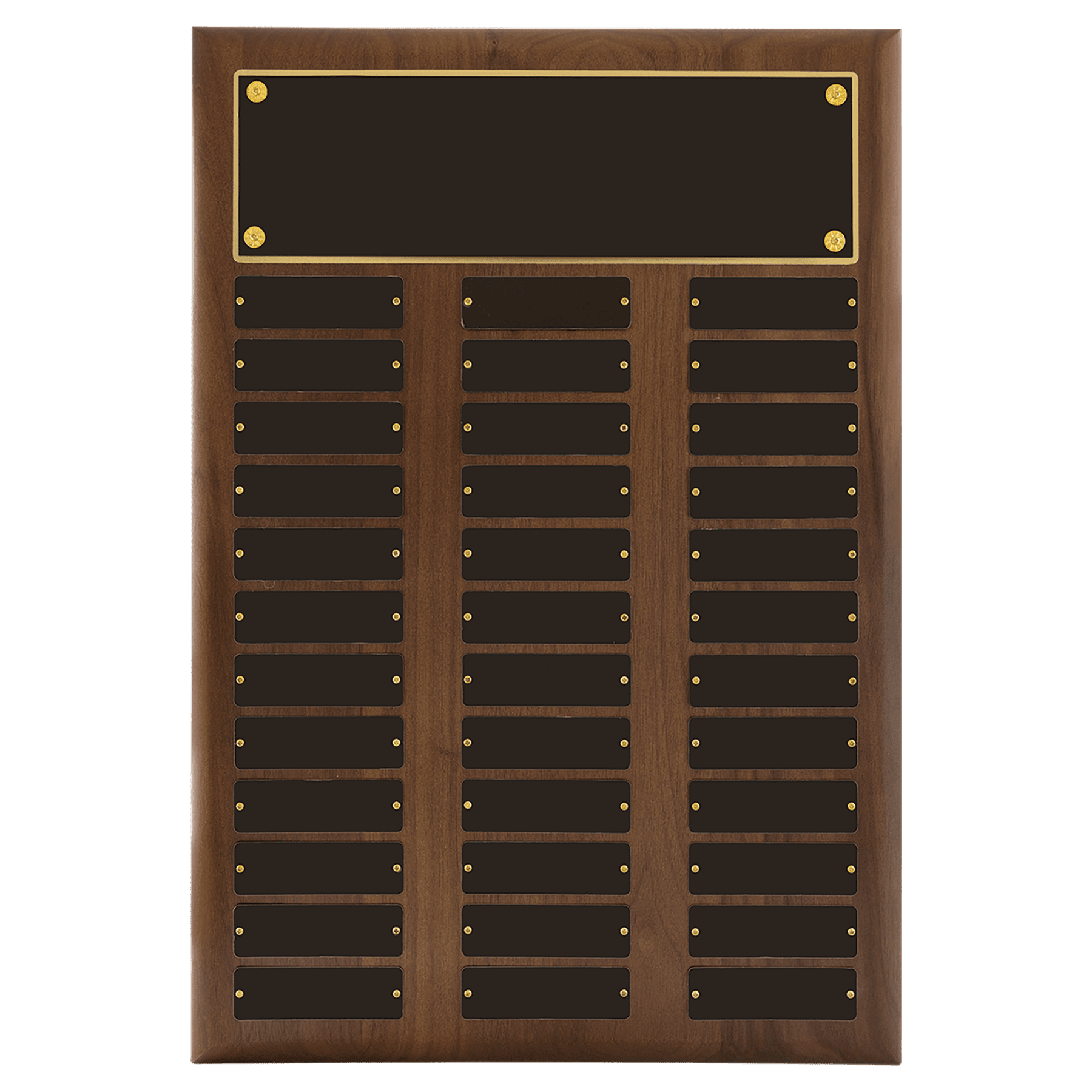 14" x 20"/Plates 1" x 3 1/4" American Walnut 36 Plate Perpetual Plaque with Black Brass Plates