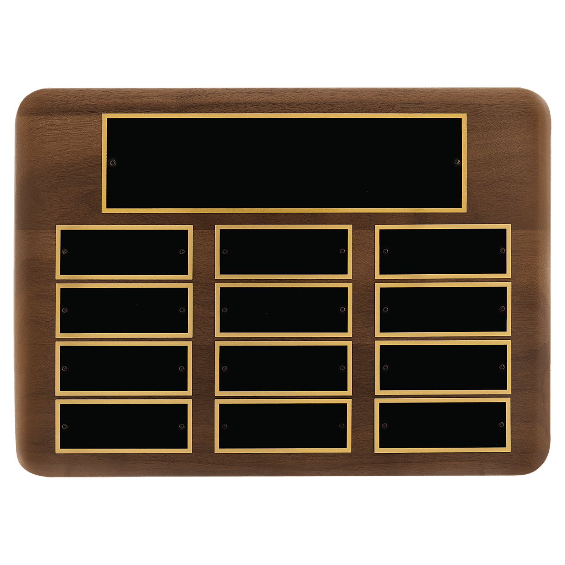 11" x 15"/Plates 1 1/2" x 3 3/4" American Walnut 12 Plate Perpetual Plaque with Black Brass Plates