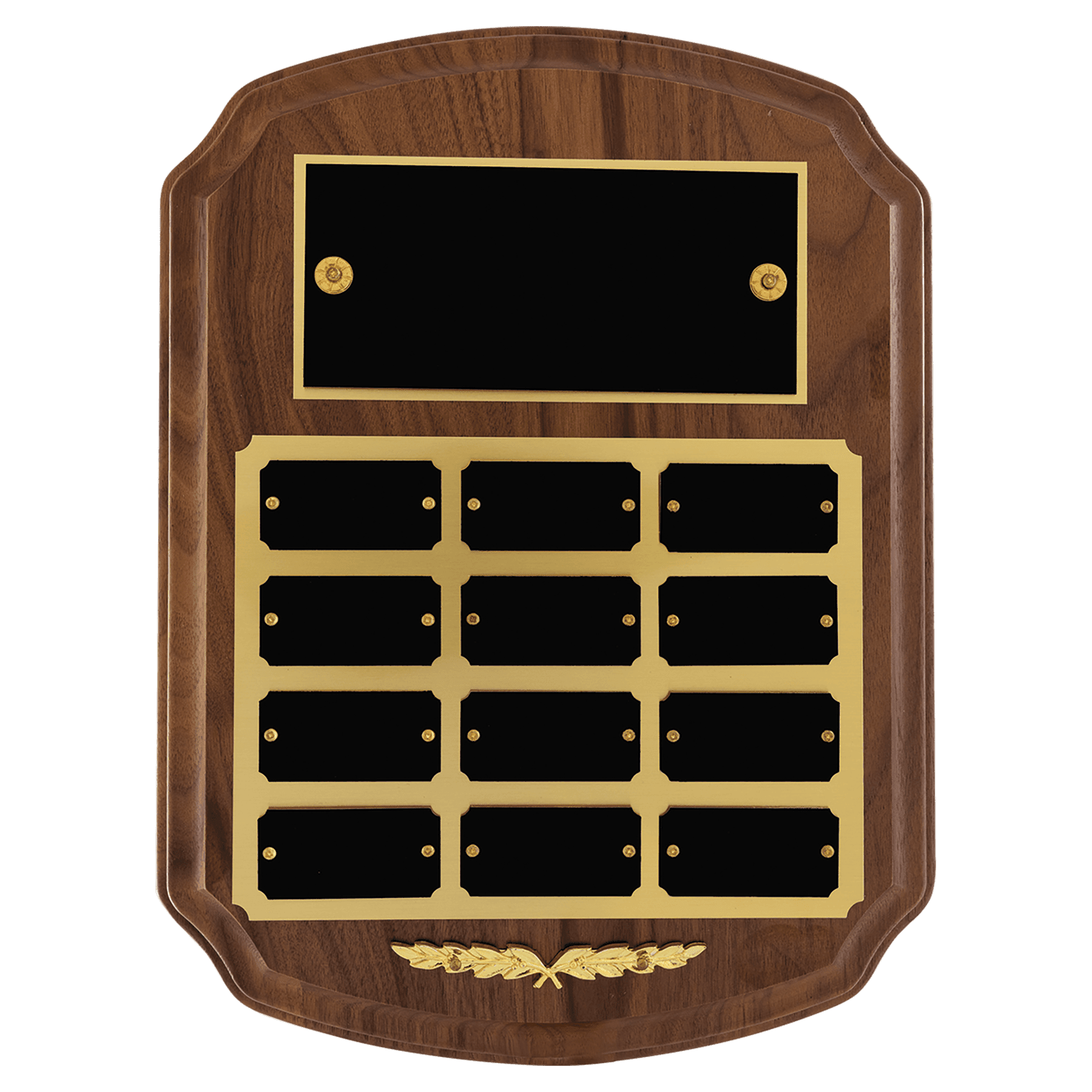 9" x 12"/Plates 1" x 2" American Walnut 12 Plate Perpetual Plaque with Black Brass Plates/Gold Trim
