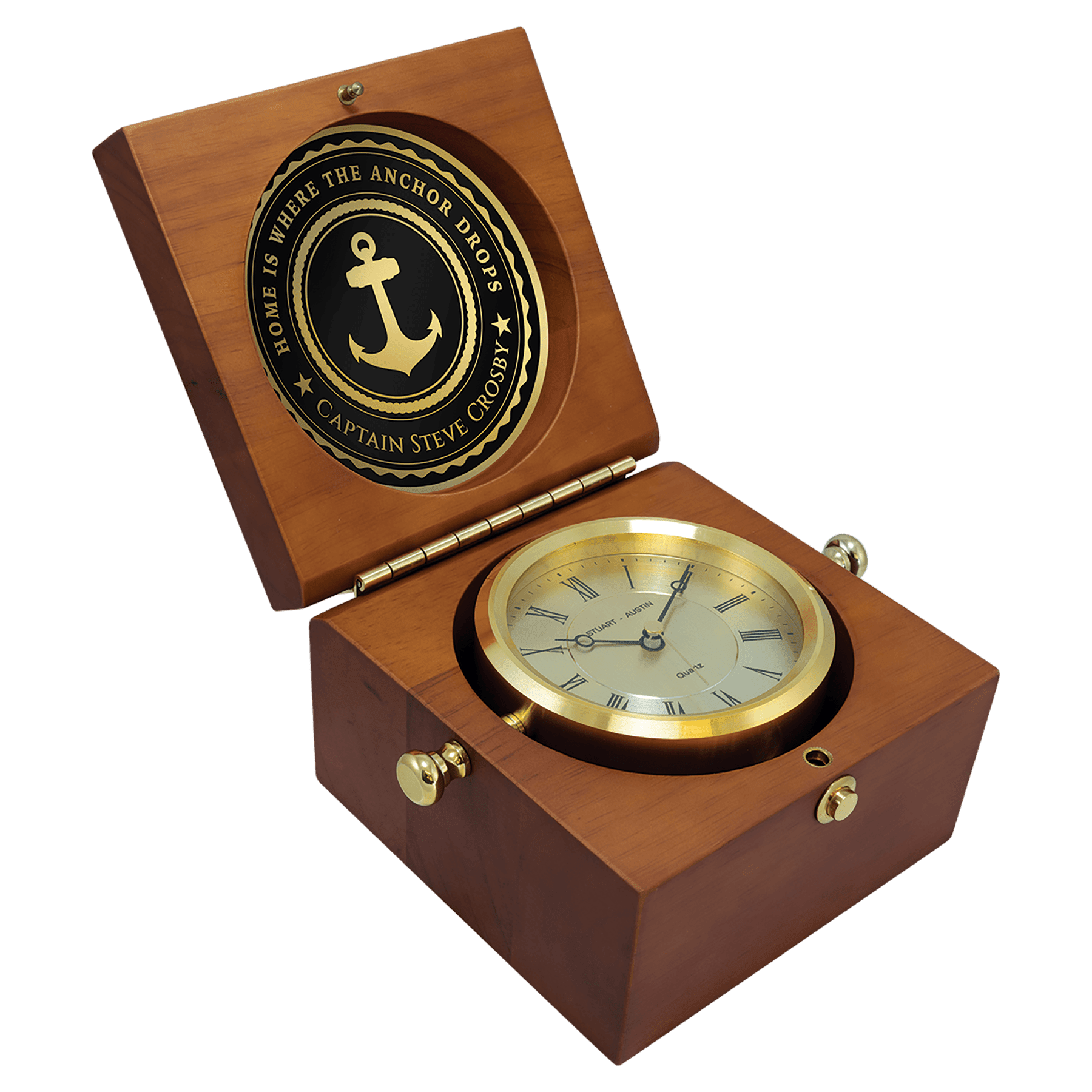 5 1/2" x 5 1/2" Mahogany Finish Captain's Clock, Brass Clock Housing-Disc/Plate Not Included