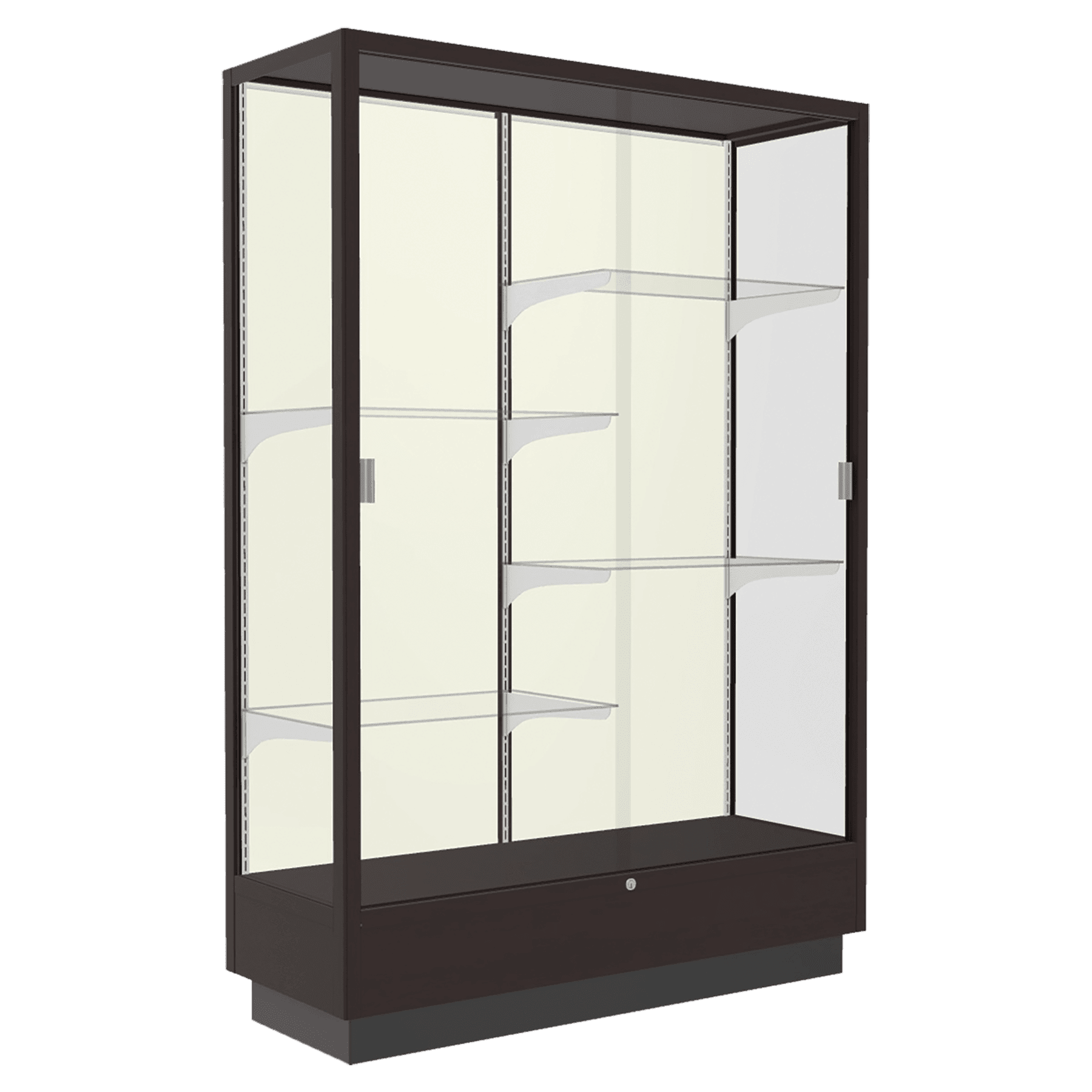 70"H x 48"W x 18"D Urban Walnut Oak Hardwood, Plaque Fabric Back, Heritage Wood Display Case