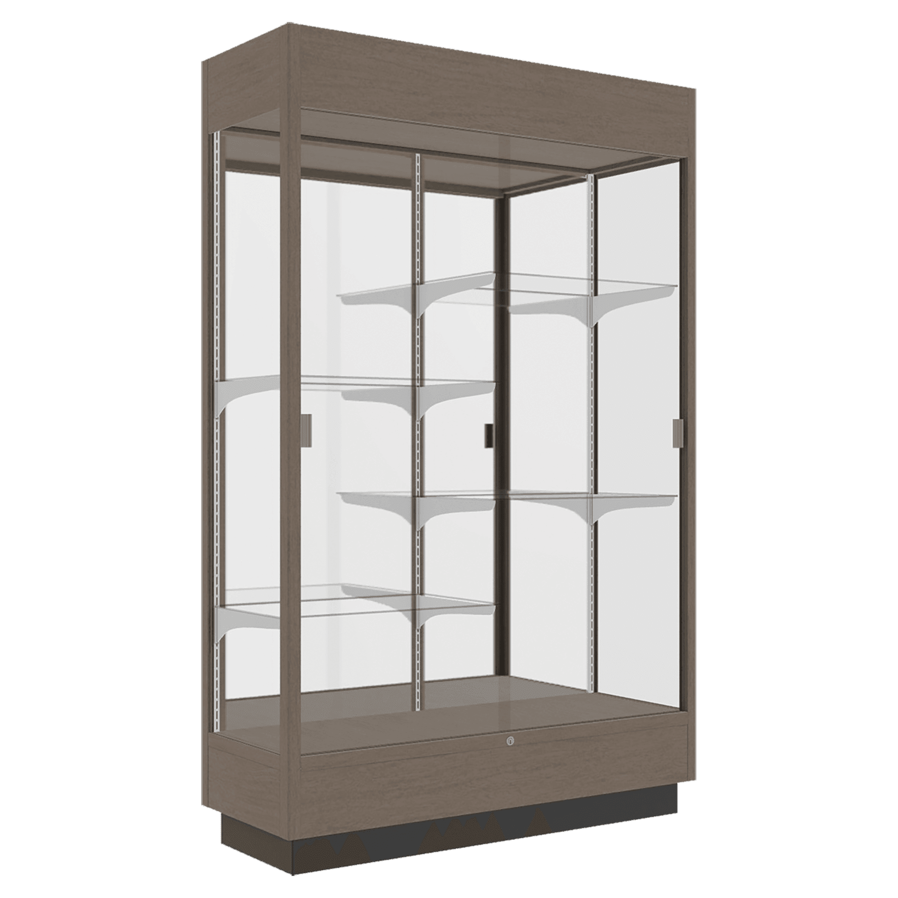 76"H x 48"W x 18"D Driftwood Hardwood, Mirror Back, Lighted, Heritage Wood Display Case