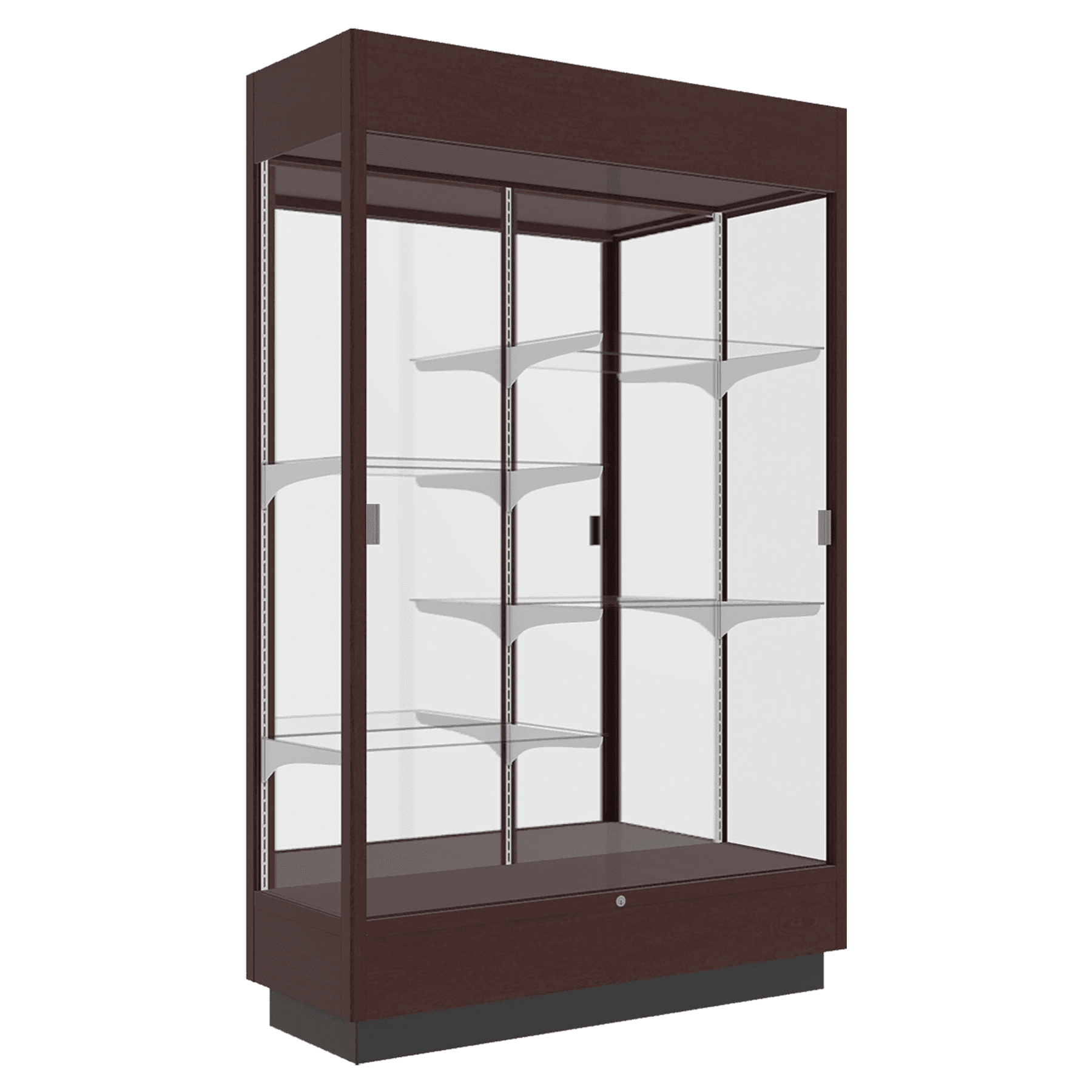 76"H x 48"W x 18"D Urban Walnut Oak Hardwood, Mirror Back, Lighted, Heritage Wood Display Case