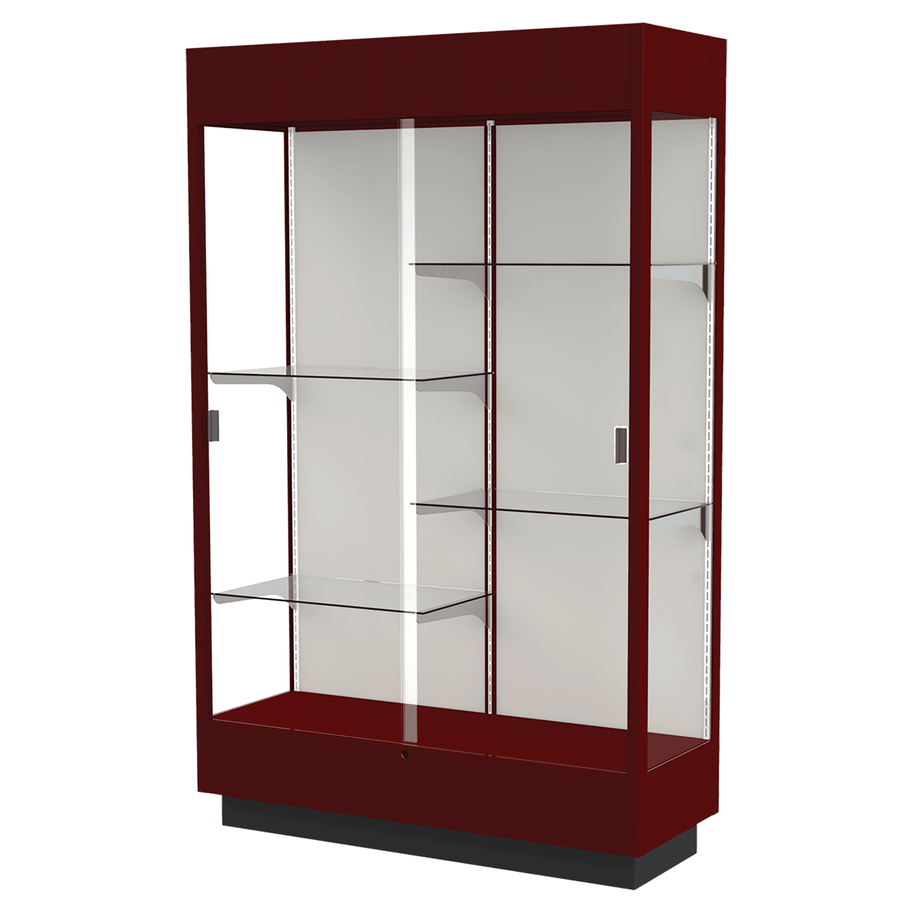 76"H x 48"W x 18"D Cordovan Hardwood, Plaque Fabric Back, Lighted, Heritage Wood Display Case
