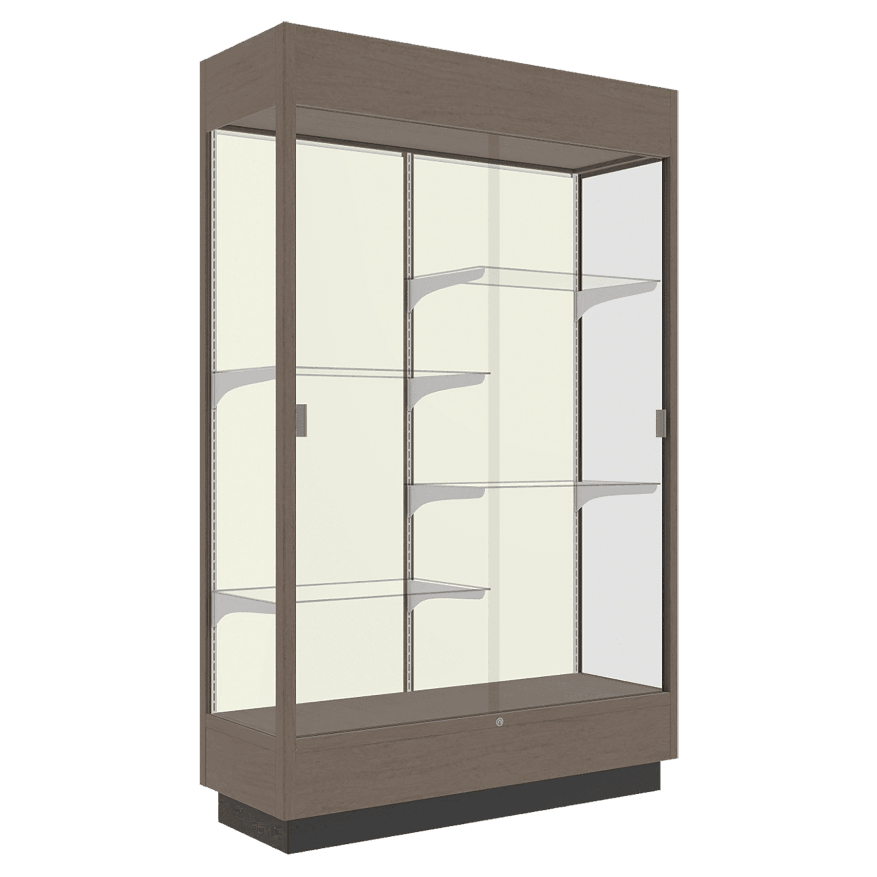 76"H x 48"W x 18"D Driftwood Hardwood, Plaque Fabric Back, Lighted, Heritage Wood Display Case