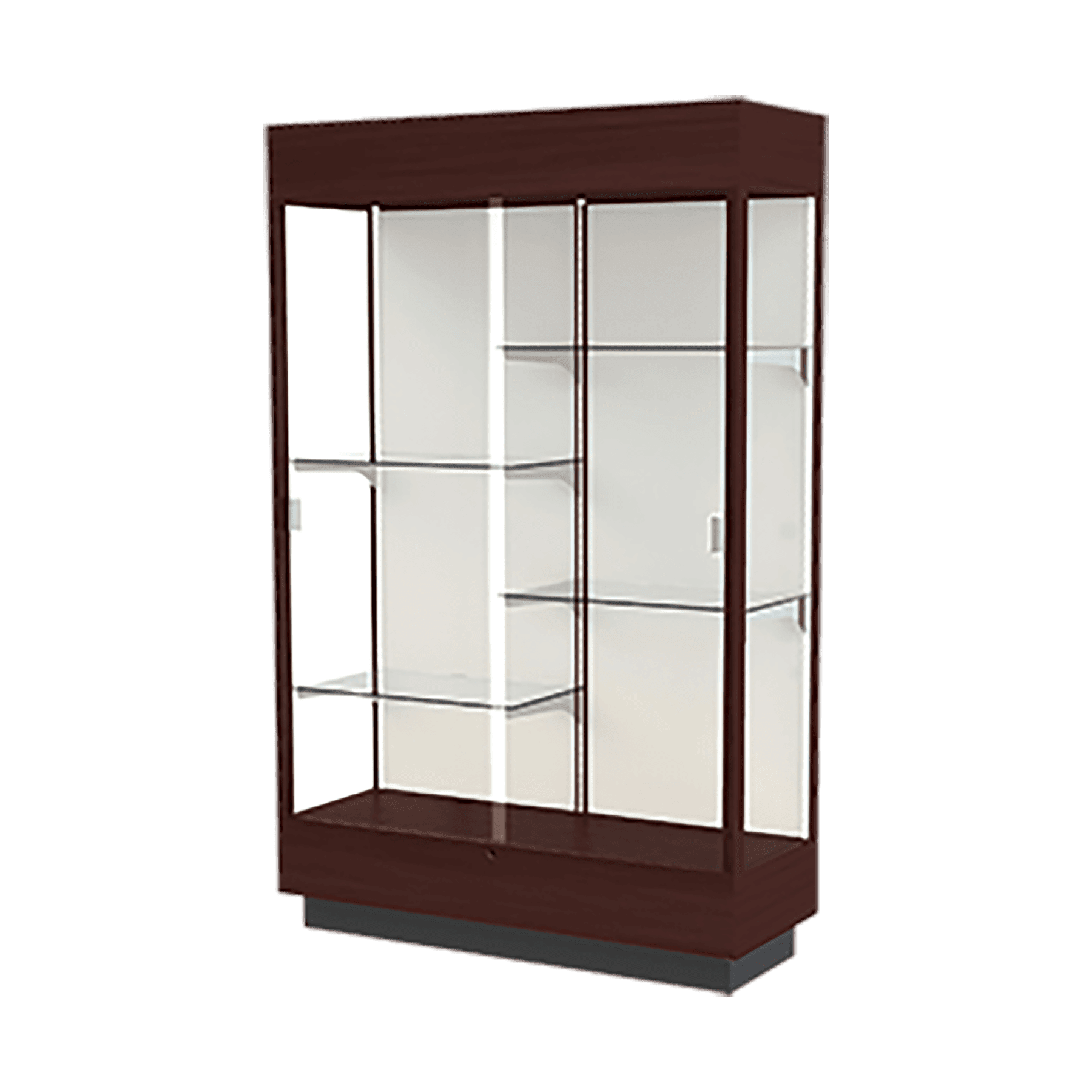76"H x 48"W x 18"D Java Hardwood, Plaque Fabric Back, Lighted, Heritage Wood Display Case