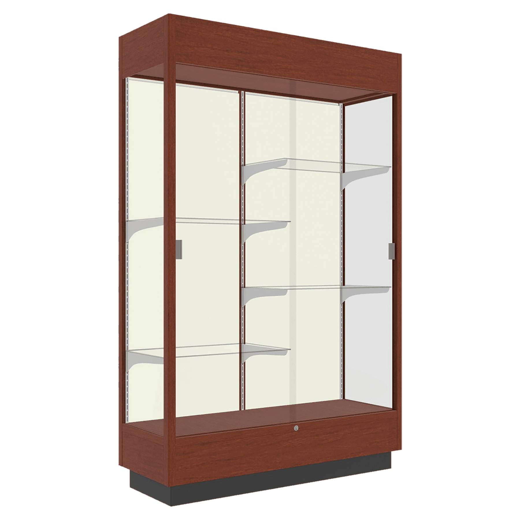 76"H x 48"W x 18"D Caramel Hardwood, Plaque Fabric Back, Lighted, Heritage Wood Display Case
